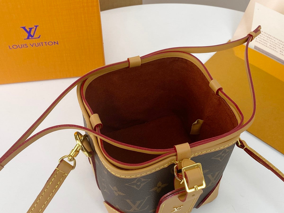 Louis Vuitton Vintage Brown Monogram Mini Bucket Bag with Tan Leather Trim
