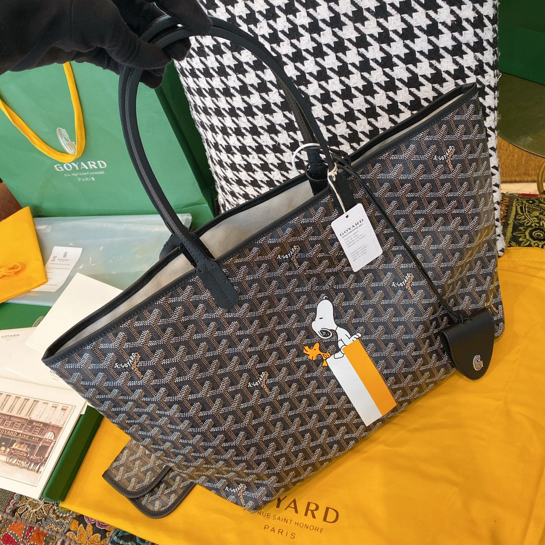 Gogy Classic Chevron Canvas Tote Bag with Cartoon Print and Pouch Set