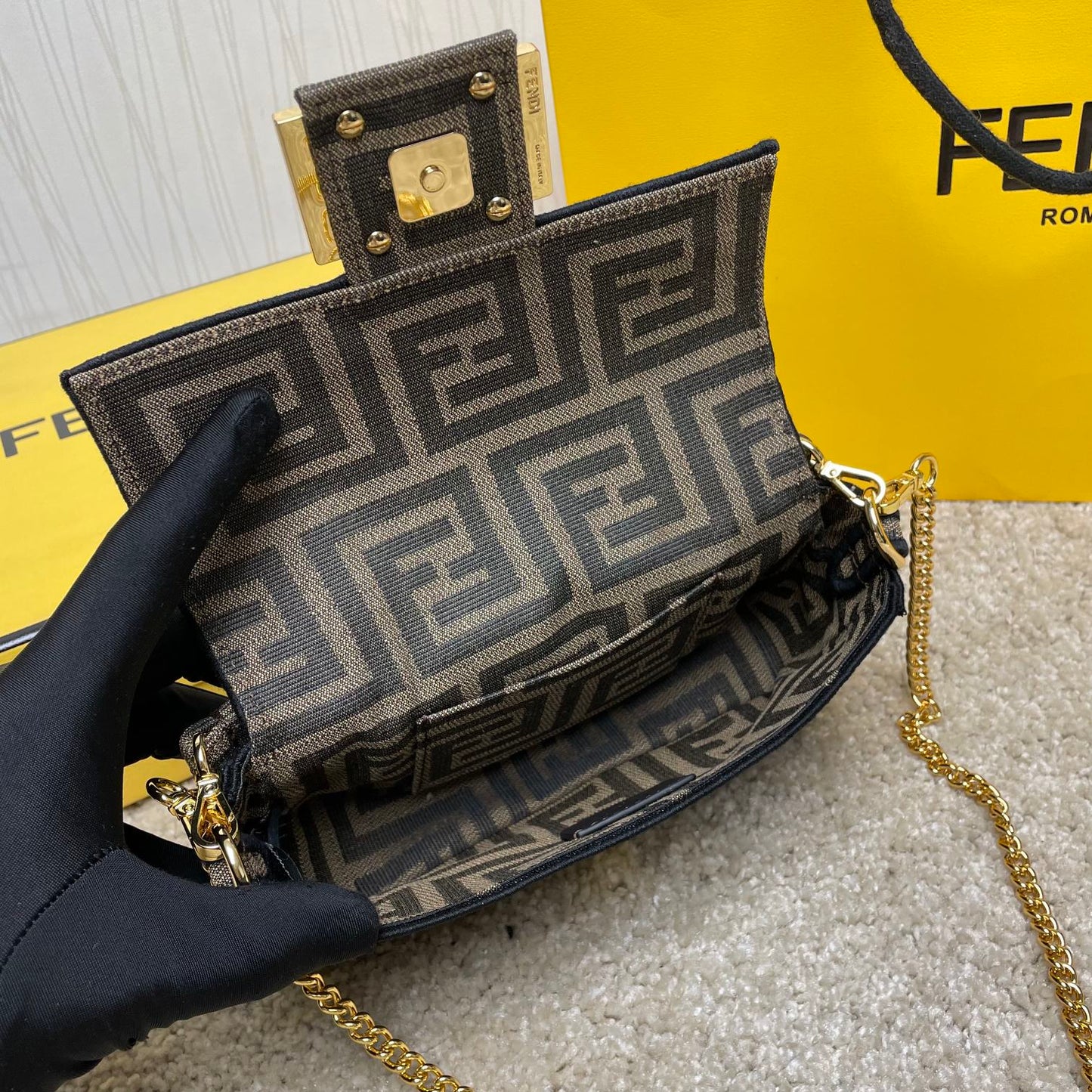 Fendace Baguette Shoulder Bag - Brown FF Monogram & Medusa Gold Hardware