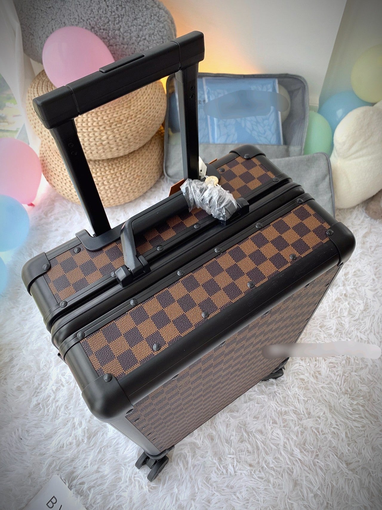 Brown Checkerboard Rolling Suitcase Vintage Travel Spinner Luggage
