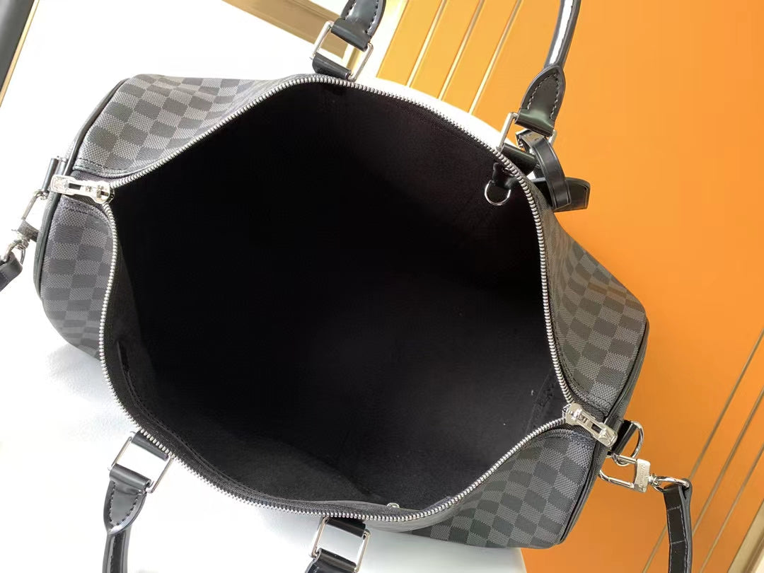 Louis Vuitton Classic Grey Checkerboard Travel Duffle Bag with Leather Trim