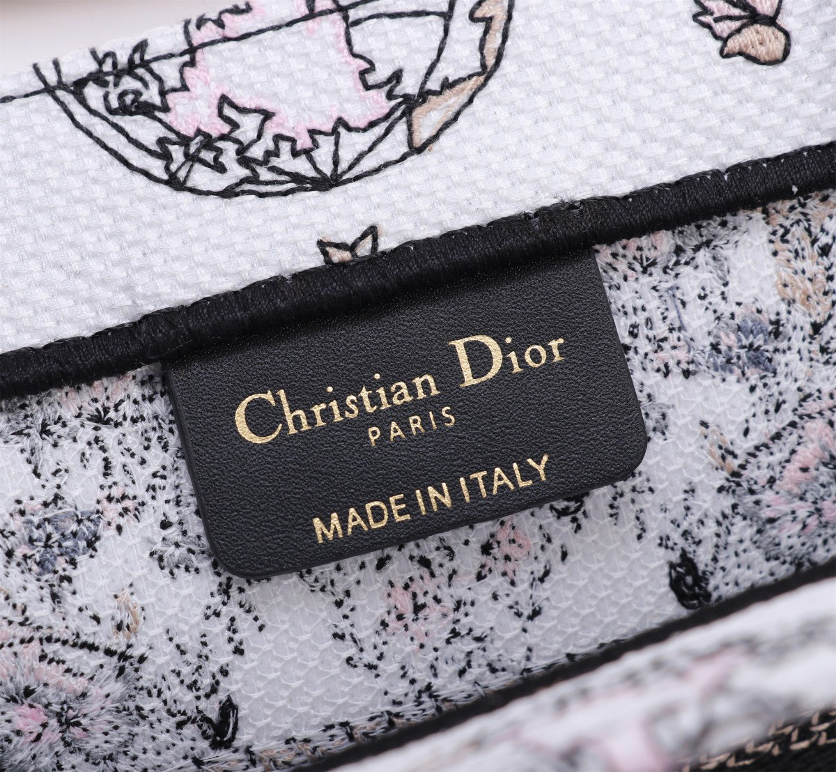 Dior Luxury Floral Embroidered Canvas Tote Bag with Pink Stripe Detail