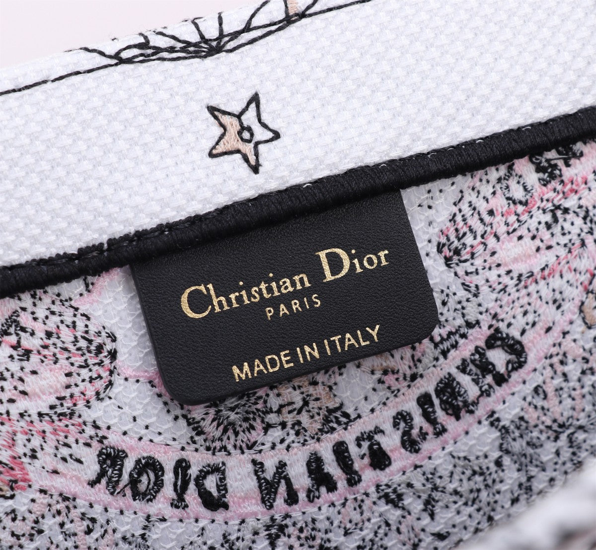 Dior Embroidered Floral Canvas Tote Bag with Pink Stripe Accent