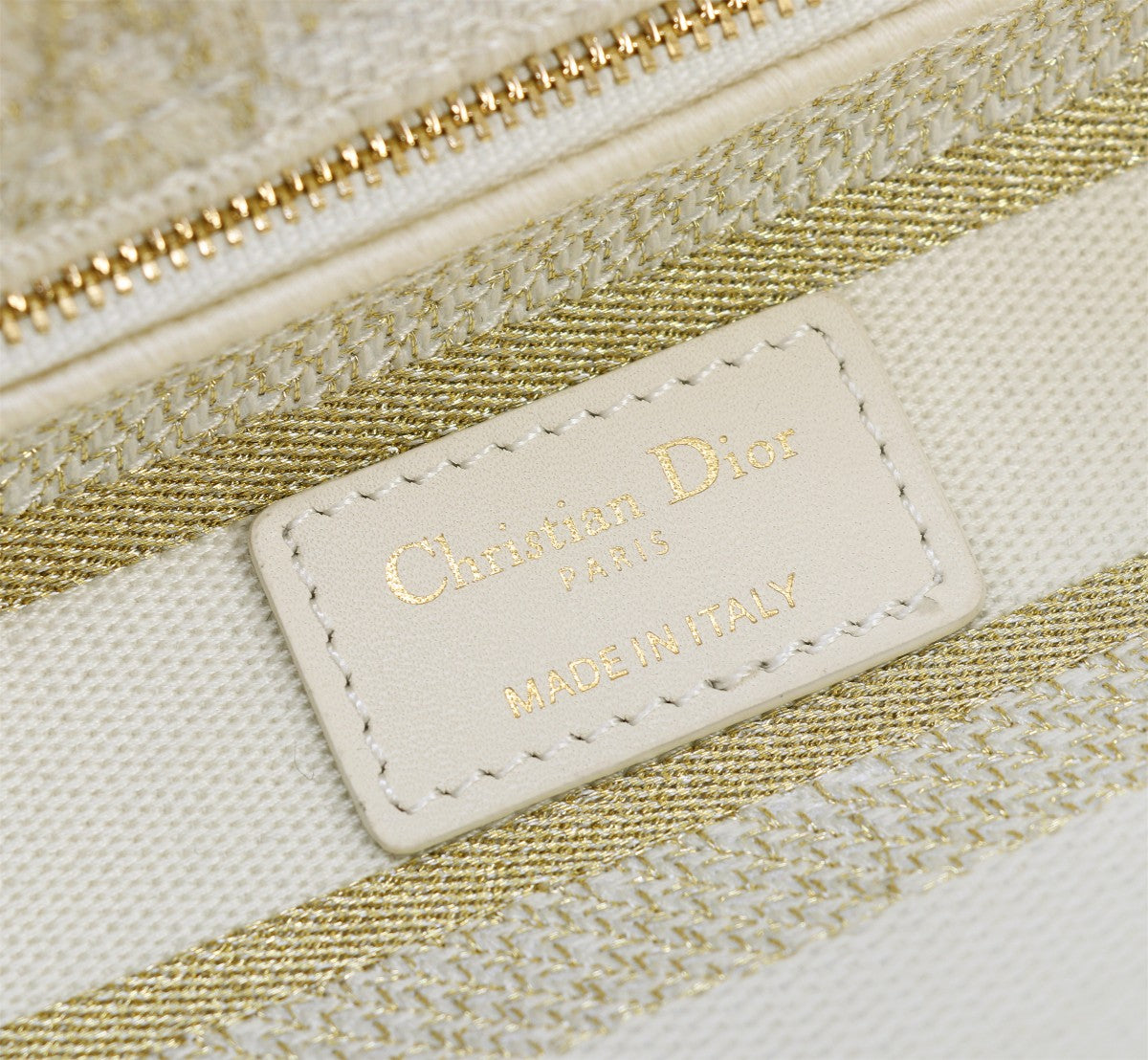 Dior Elegant Beige Embroidered Canvas Top Handle Handbag with Gold Charms