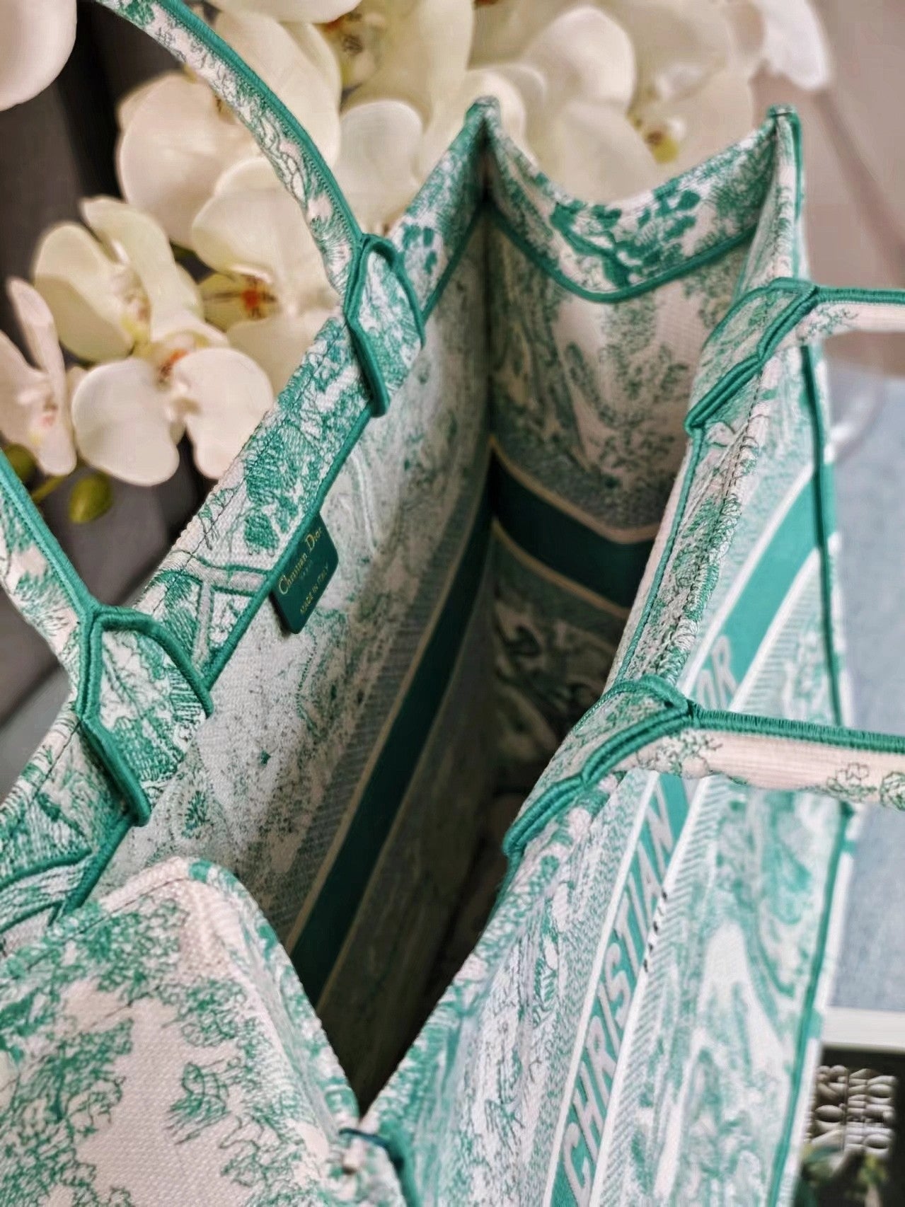 Dior Green and White Toile de Jouy Floral Canvas Tote Handbag