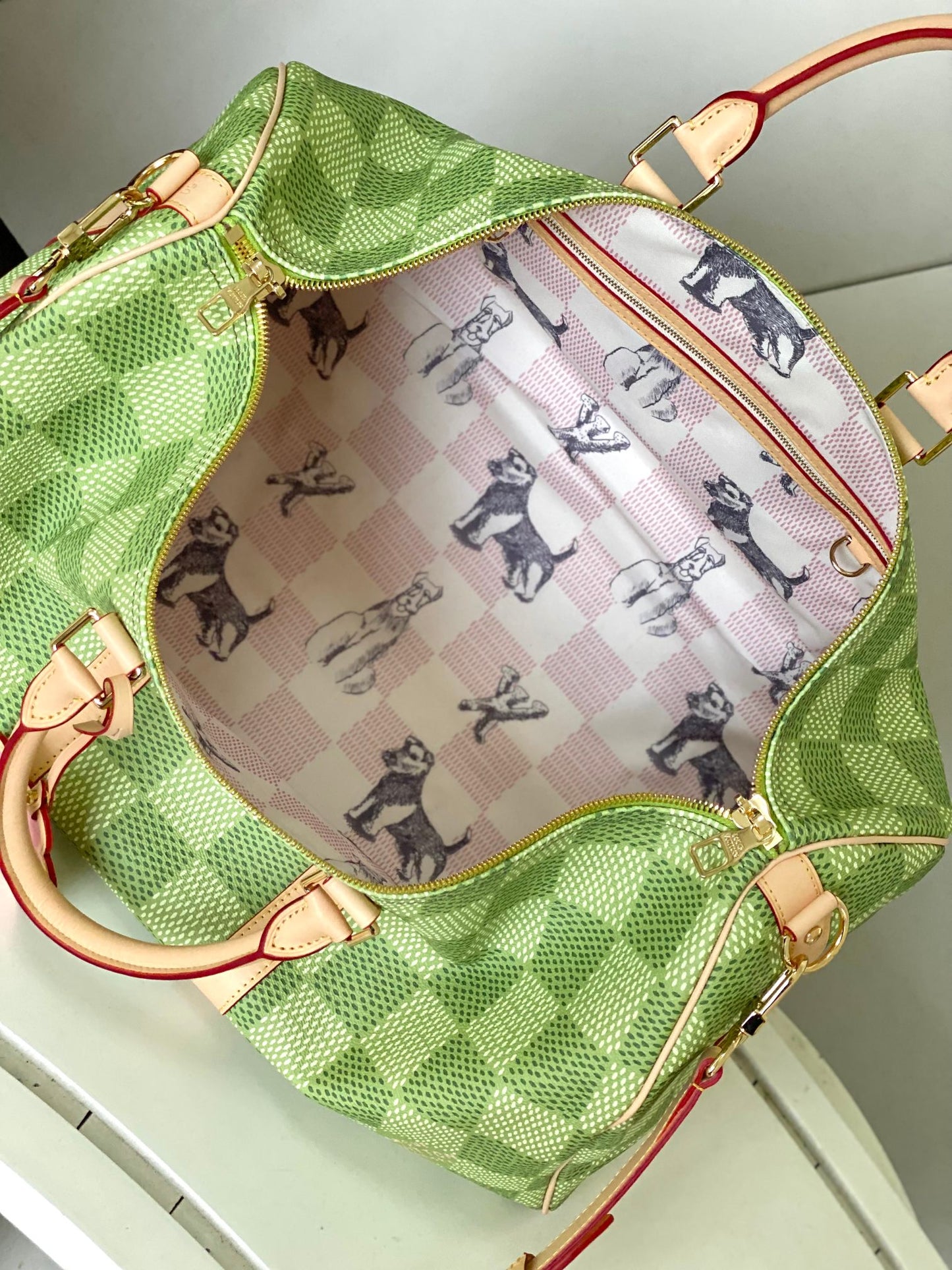 Louis Vuitton Green Checkerboard Canvas Travel Duffle Bag with Leather Straps