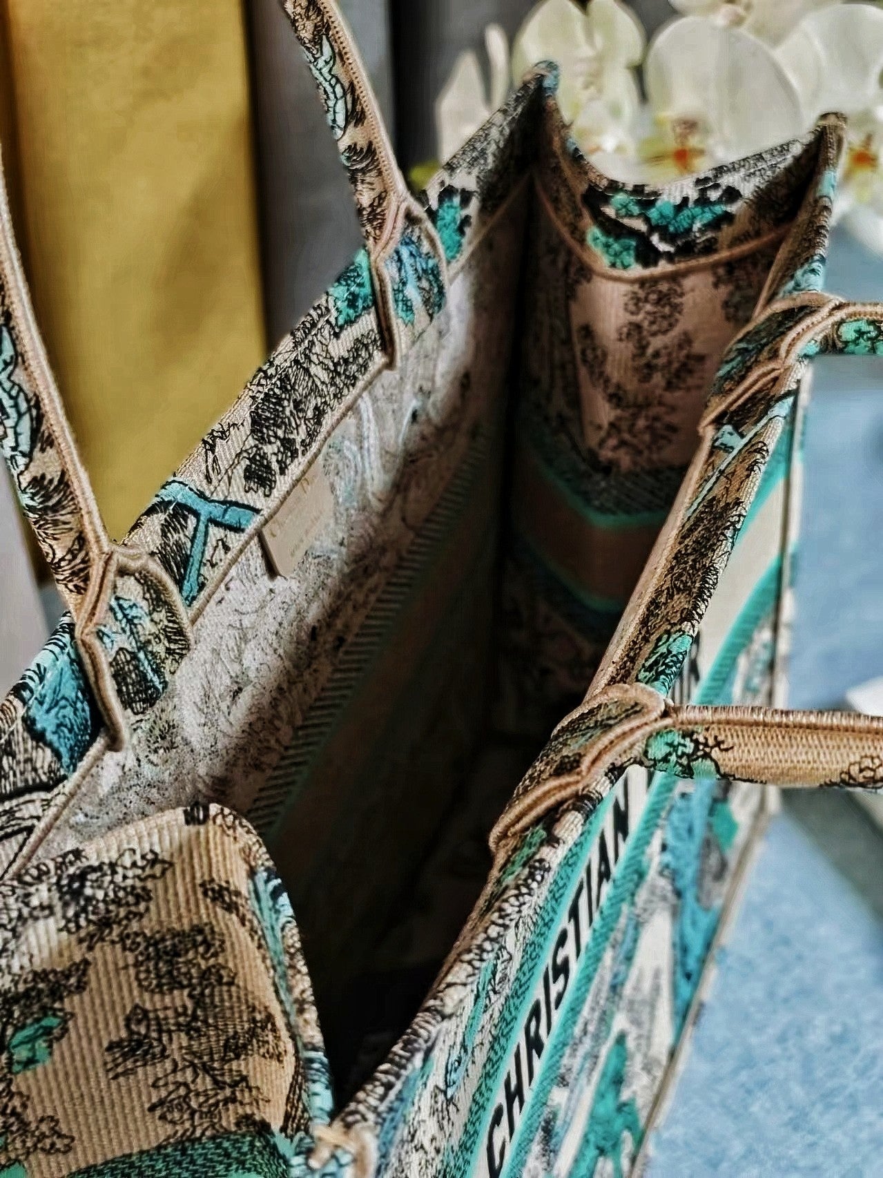 Dior Luxury Teal Jungle Animal Embroidered Canvas Tote Handbag