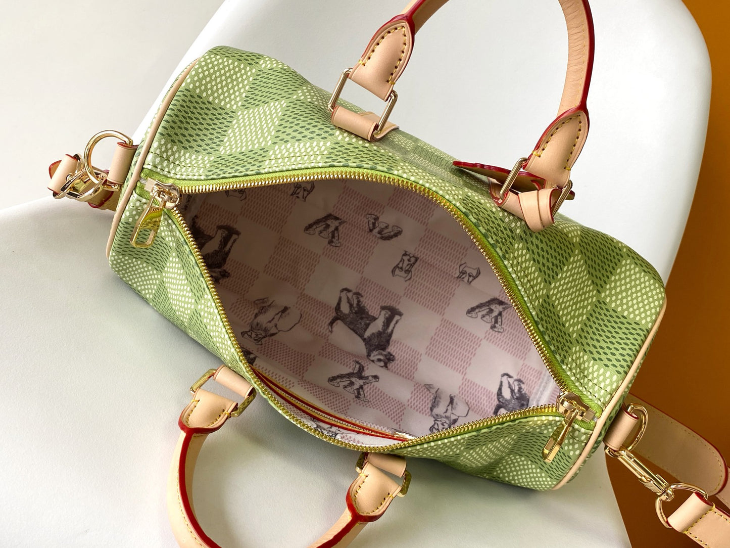 Louis Vuitton Green Checkered Canvas Duffle Handbag with Leather Handles