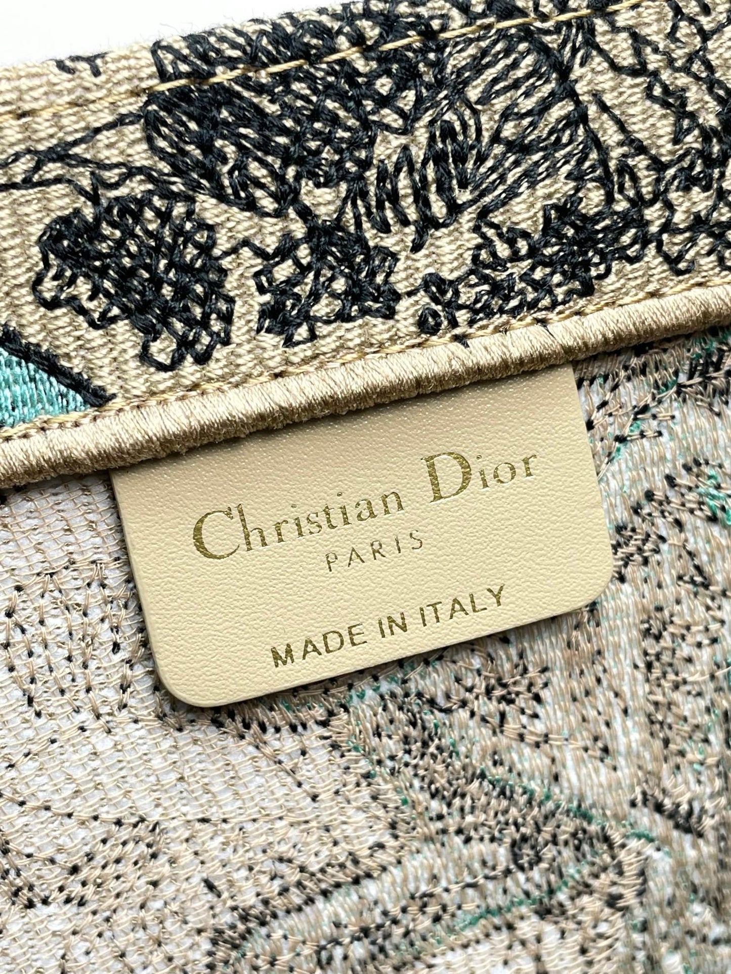 Dior Embroidered Green Animal Print Canvas Tote Bag with Top Handles