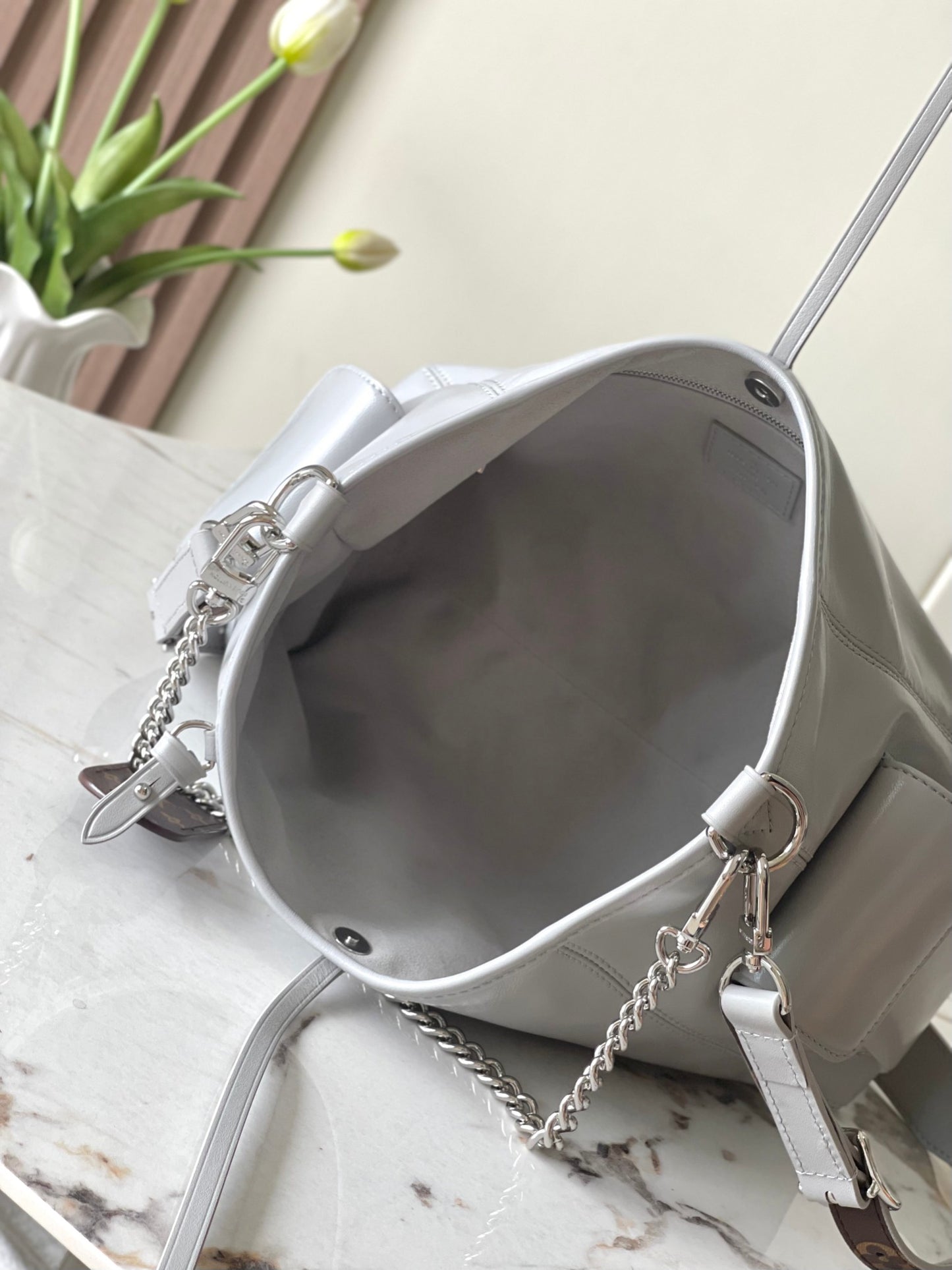 Louis Vuitton Grey Leather Hobo Shoulder Bag with Silver Chain Accent