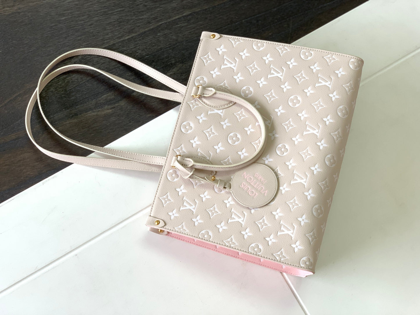Louis Vuitton Pastel Pink Embossed Monogram Leather Tote Bag with Top Handles