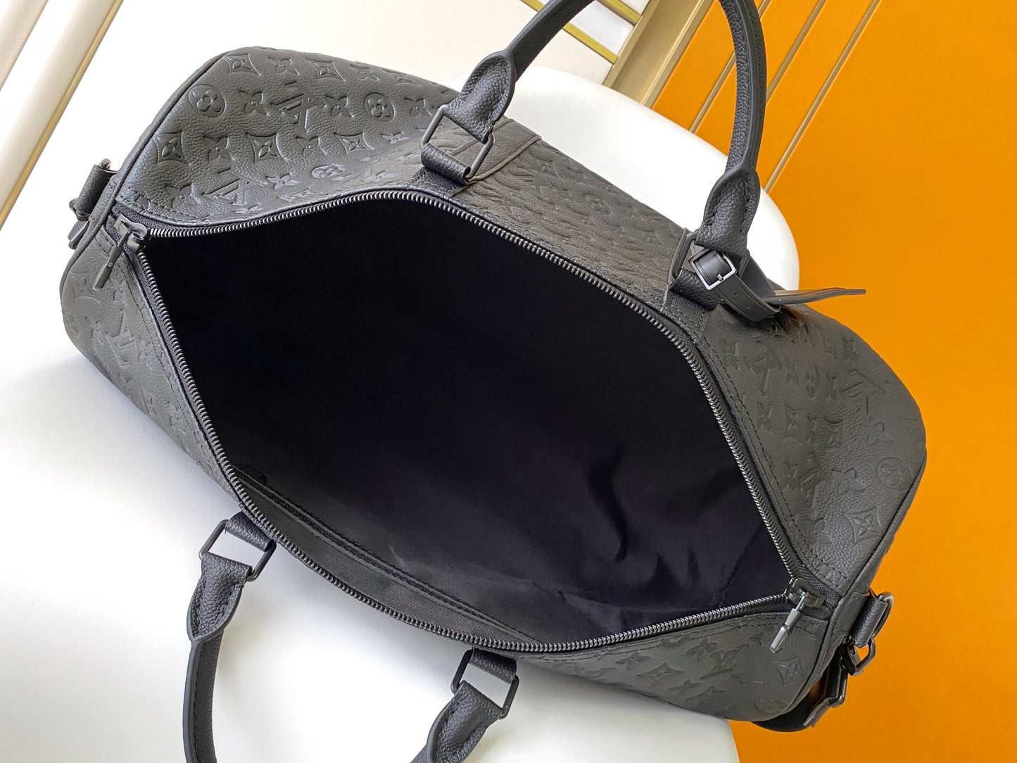 Louis Vuitton Luxury Black Embossed Leather Weekender Duffle Travel Bag