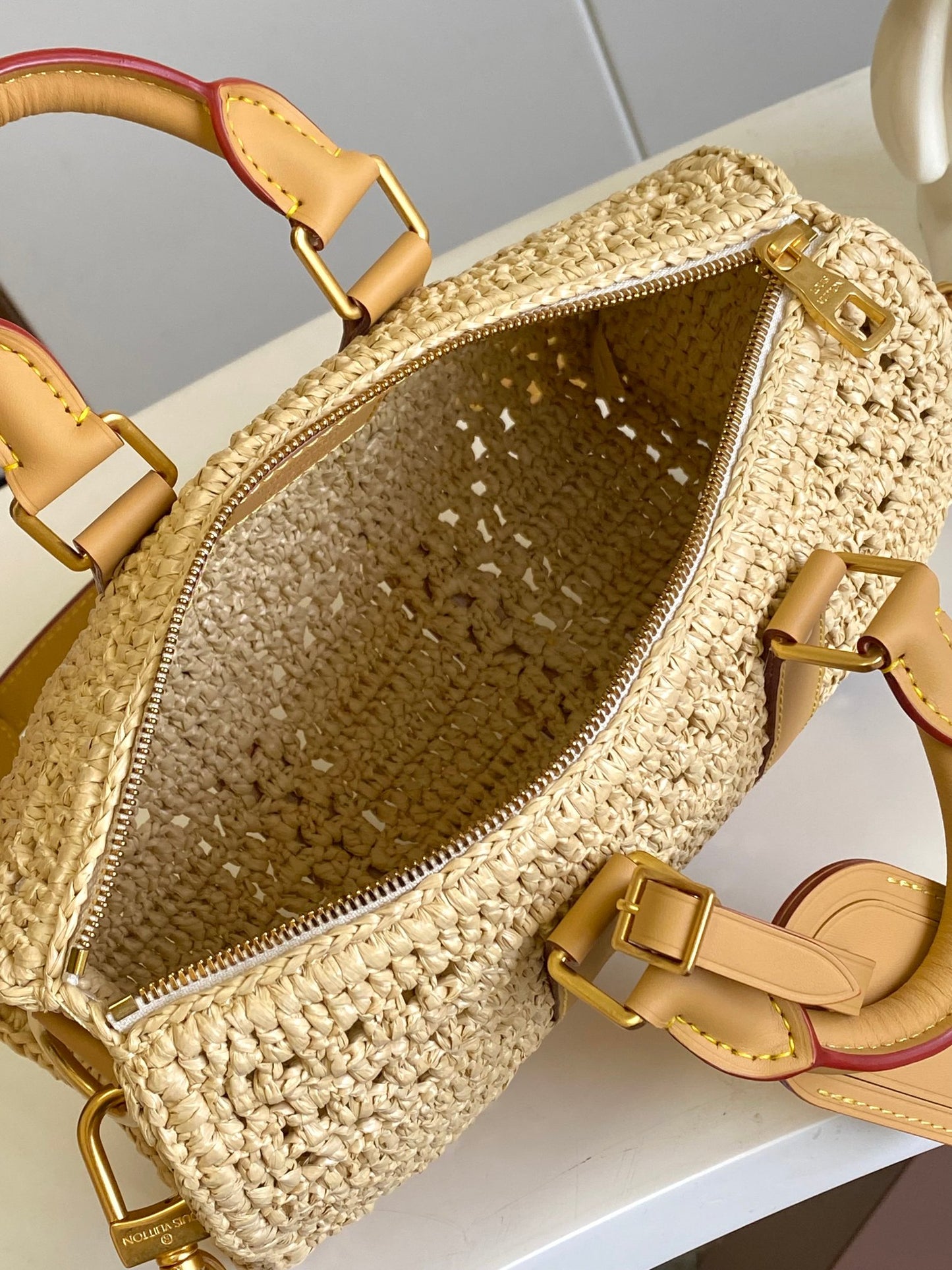 Louis Vuitton Woven Raffia Crochet Handbag with Leather Handles and Crossbody Strap