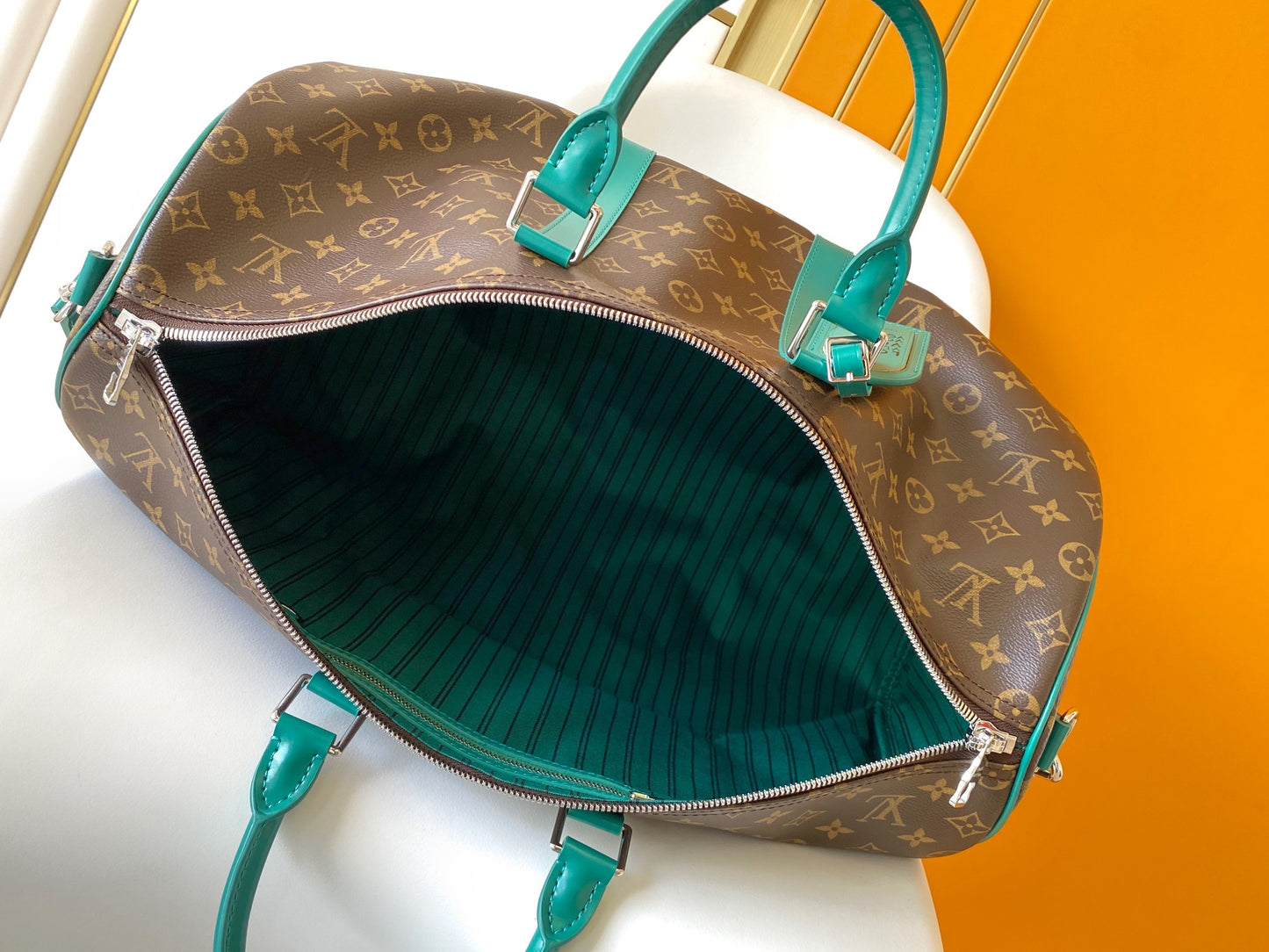 Louis Vuitton Brown Monogram Travel Duffle Bag with Green Leather Accents
