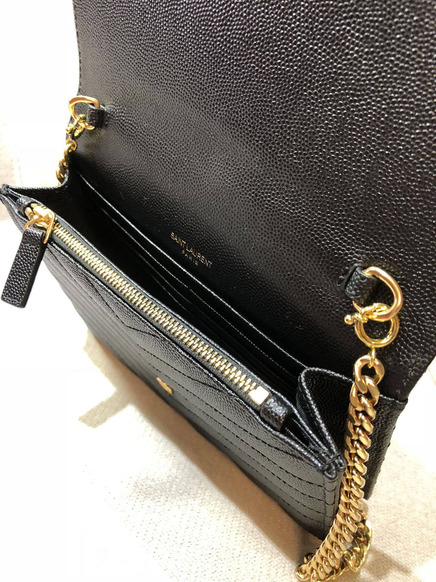 Saint Laurent Cassandre Matelassé Chain Wallet in Grain de Poudre Embossed Leather - Black