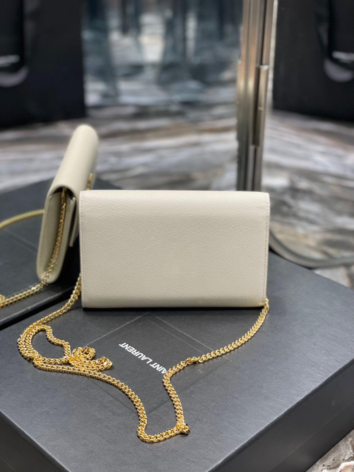 Saint Laurent Cassandre Envelope Chain Wallet in White Grained Leather with Gold Hardware