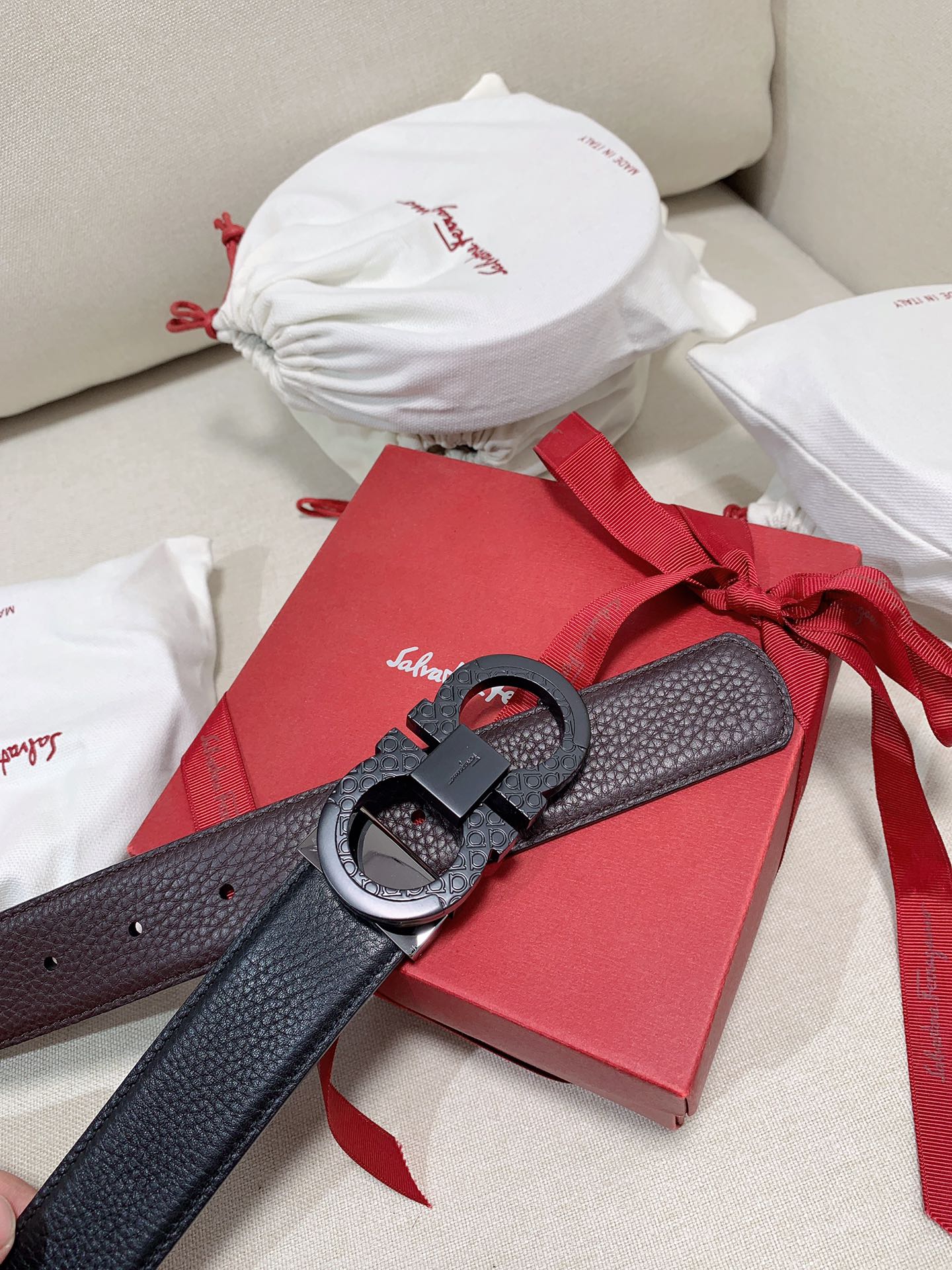 Salvatore Ferragamo Men's Gancini Leather Belt, Black with Patterned Black Gancini Buckle