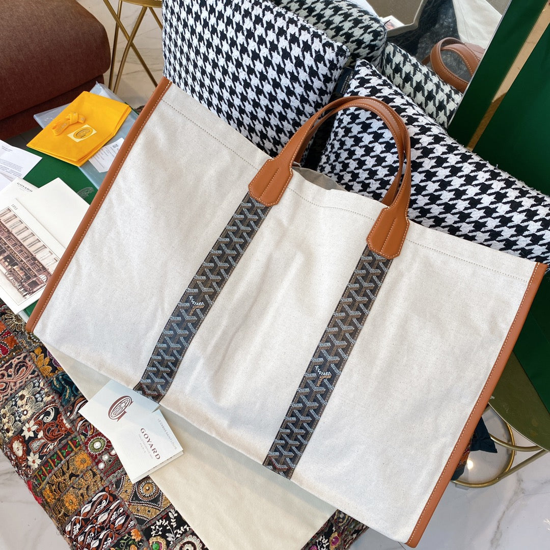 Gogy Large Canvas Tote Bag with Leather Handles and Patterned Straps
