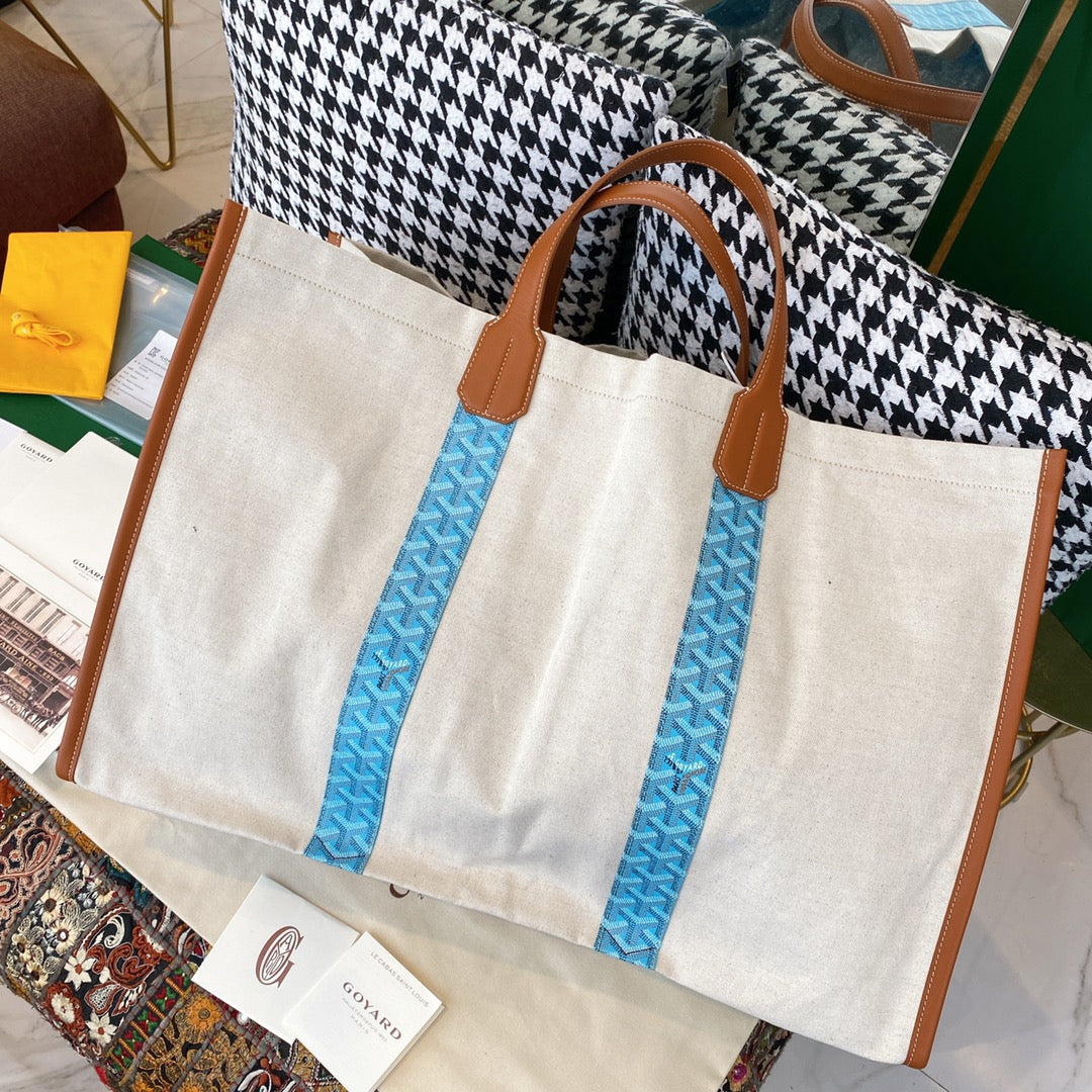 Gogy Large Canvas Tote Bag with Leather Handles and Blue Geometric Stripes