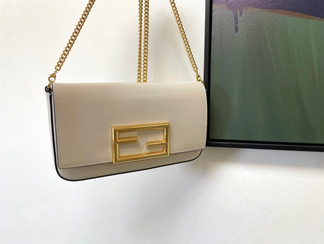 Luxury Designer Style Leather Shoulder Bag with FF Logo Gold Buckle - Multiple Colors