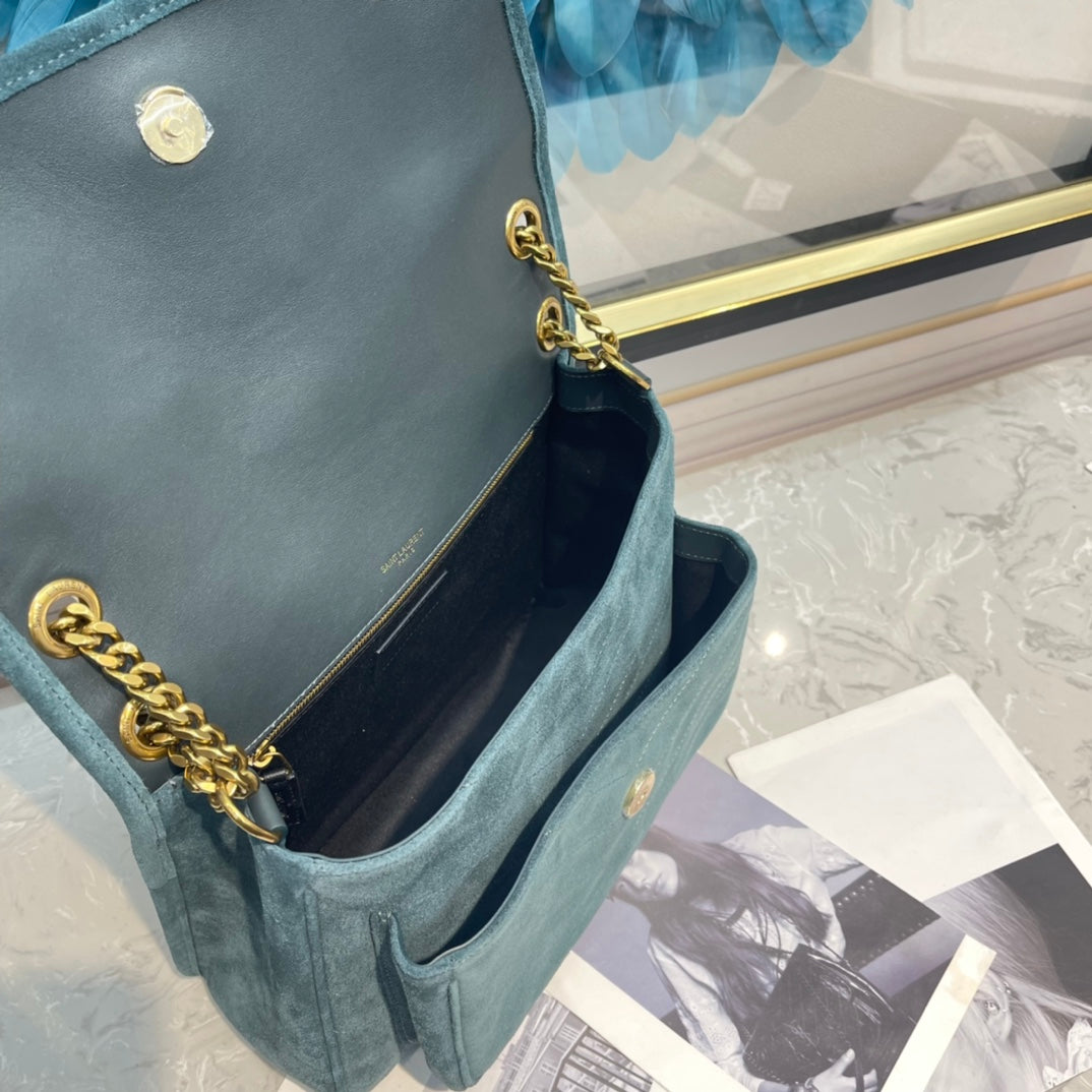 Saint Laurent Niki Medium Chain Bag in Blue Suede