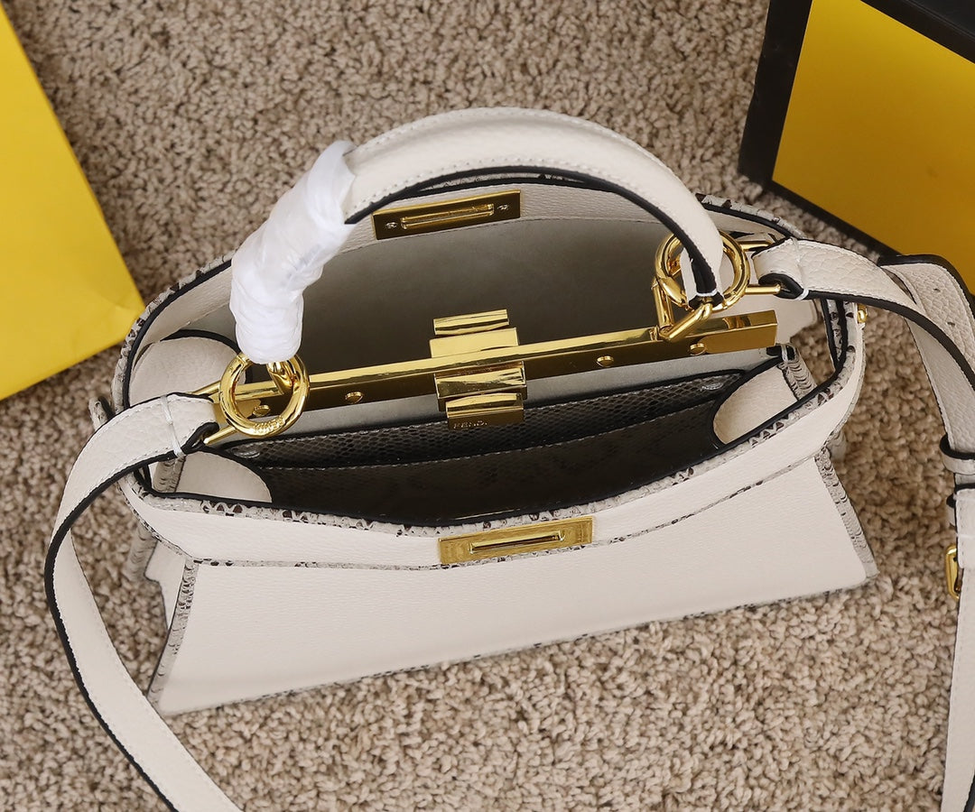 Fendi Peekaboo White Leather Medium Top Handle Bag with Shoulder Strap
