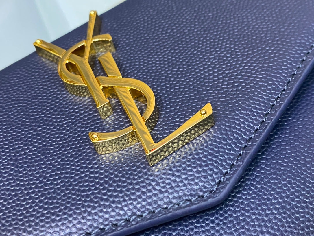 Saint Laurent Uptown Pouch in Navy Blue Grain de Poudre Leather with Gold Hardware