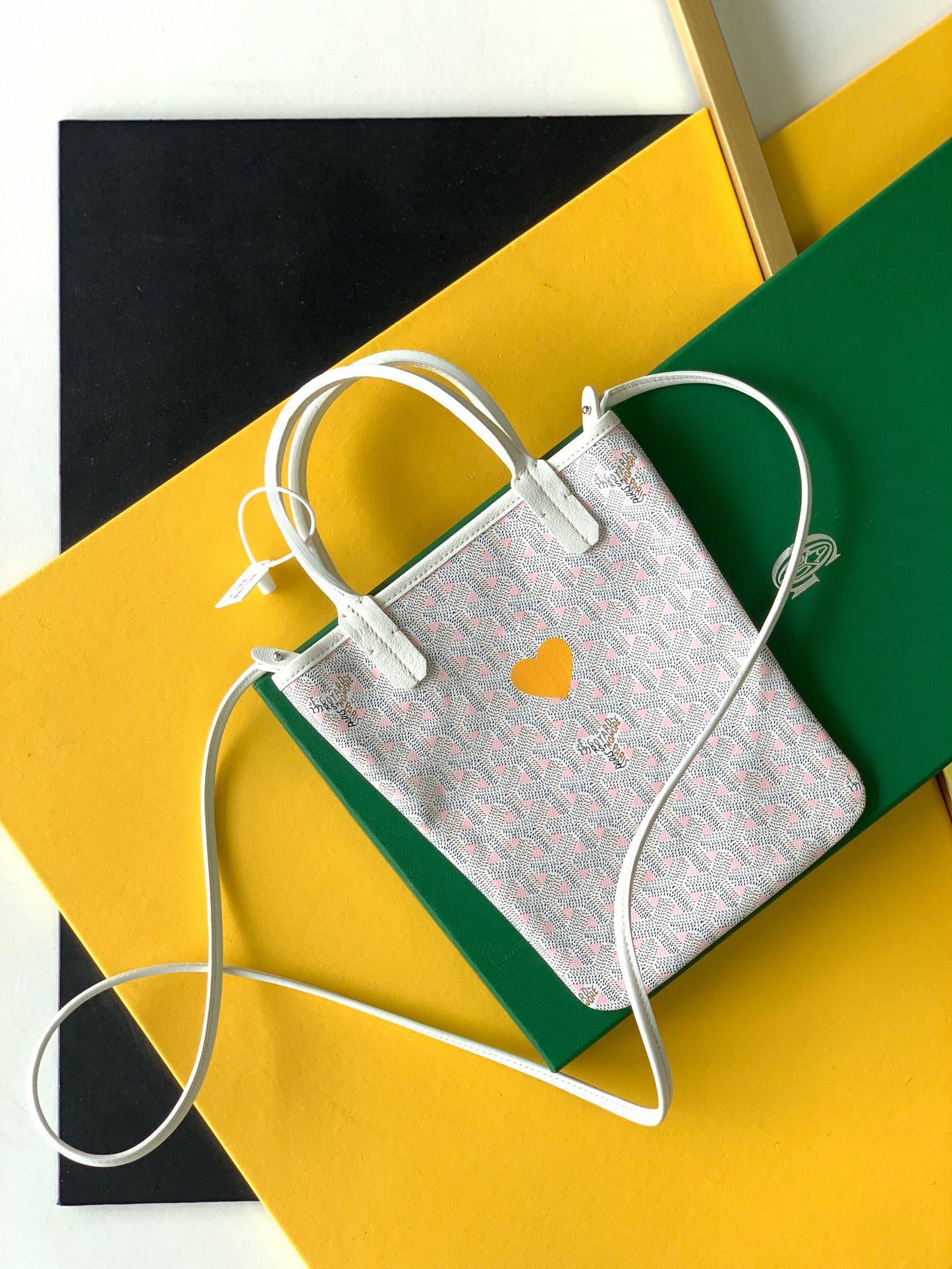 Gogy Cute Yellow Patterned Mini Crossbody Bag with Embroidered Red Heart