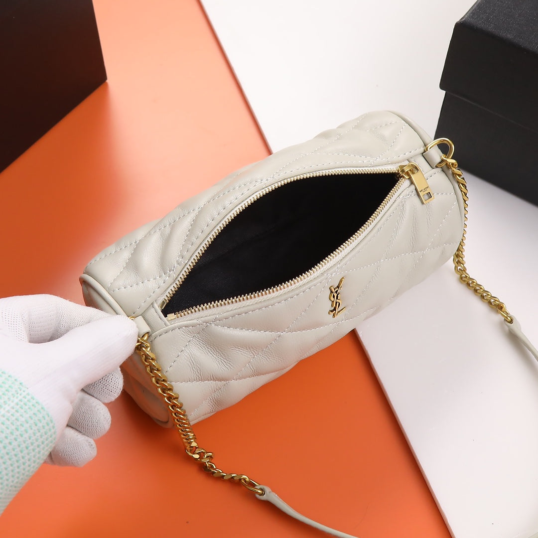 White Quilted Cylindrical Shoulder Bag with Gold Chain Strap
