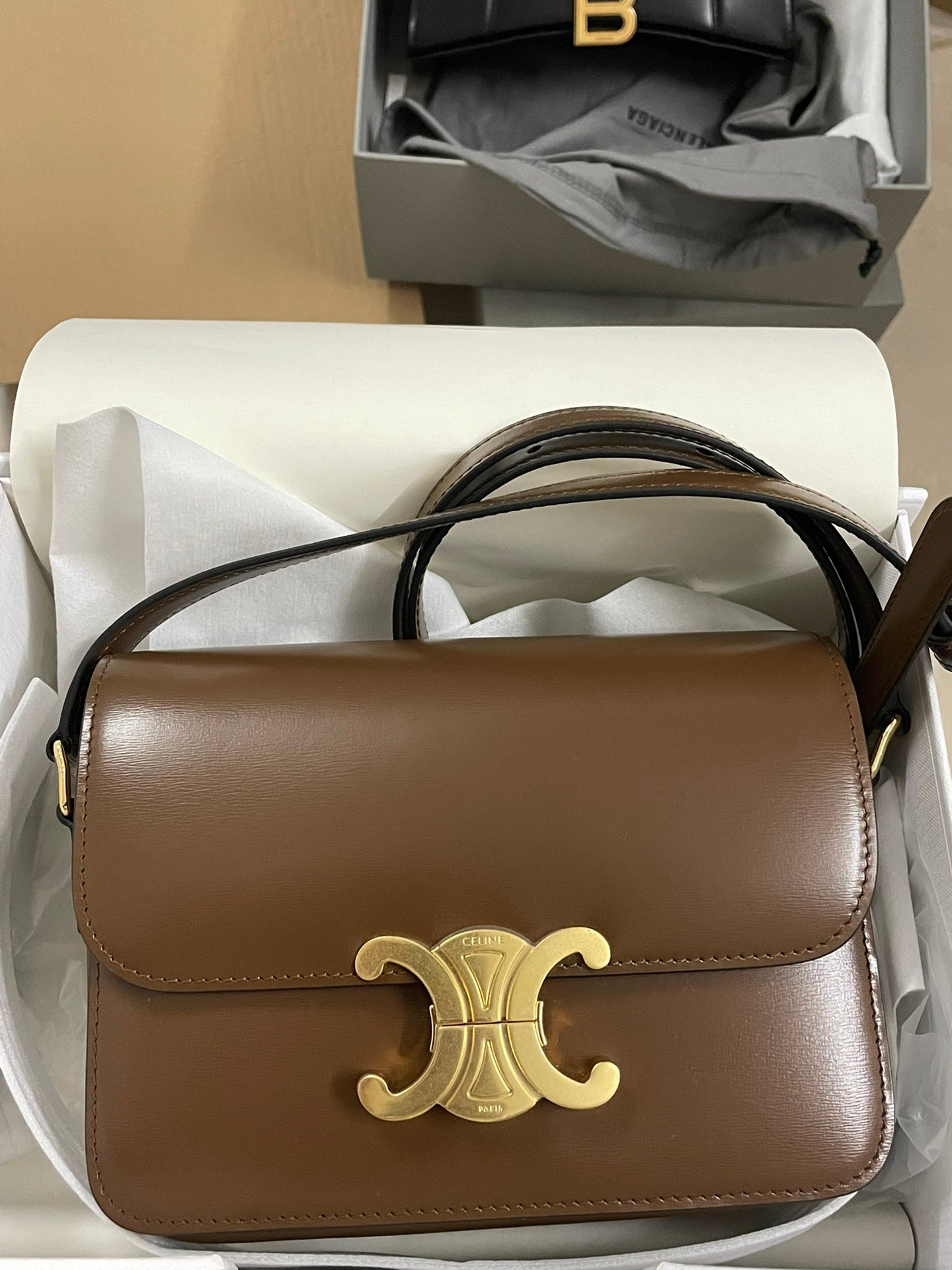 Celine Teen Triomphe Shoulder Bag - Tan Shiny Calfskin
