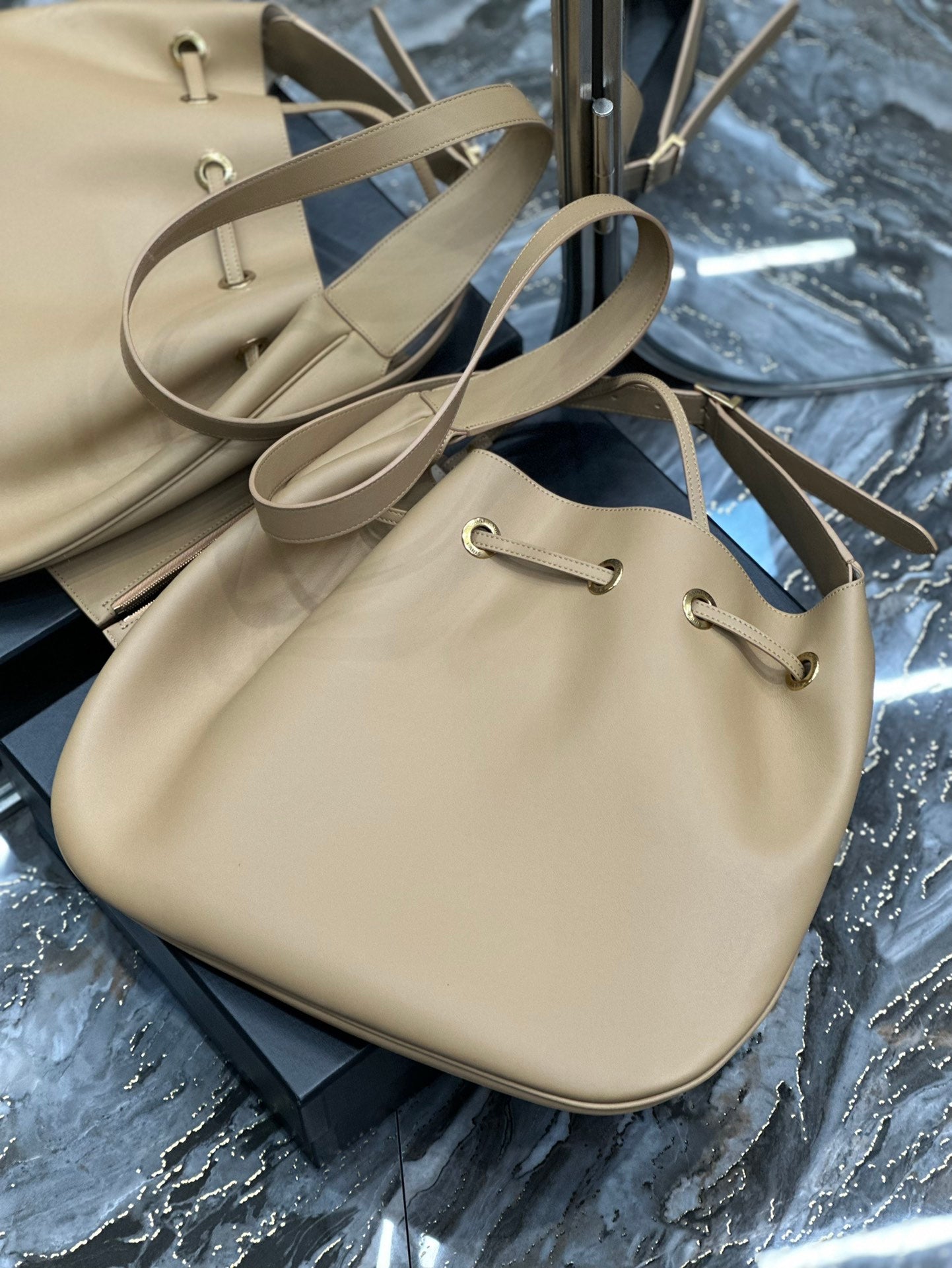 Saint Laurent Beige Leather Joe Bucket Bag with Detachable Pouch