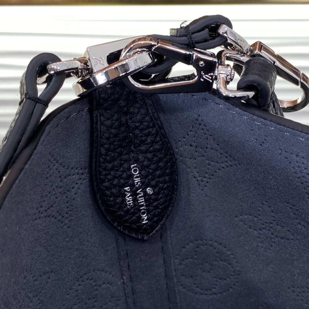 Louis Vuitton Elegant Dark Grey Embossed Leather Tote Handbag and Pouch Set
