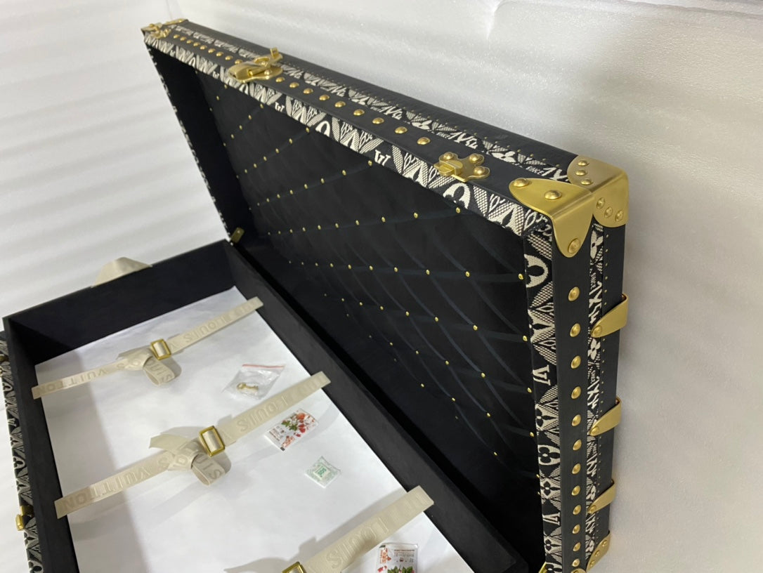 Vintage Monogram Pattern Wooden Storage Trunk with Brass Hardware
