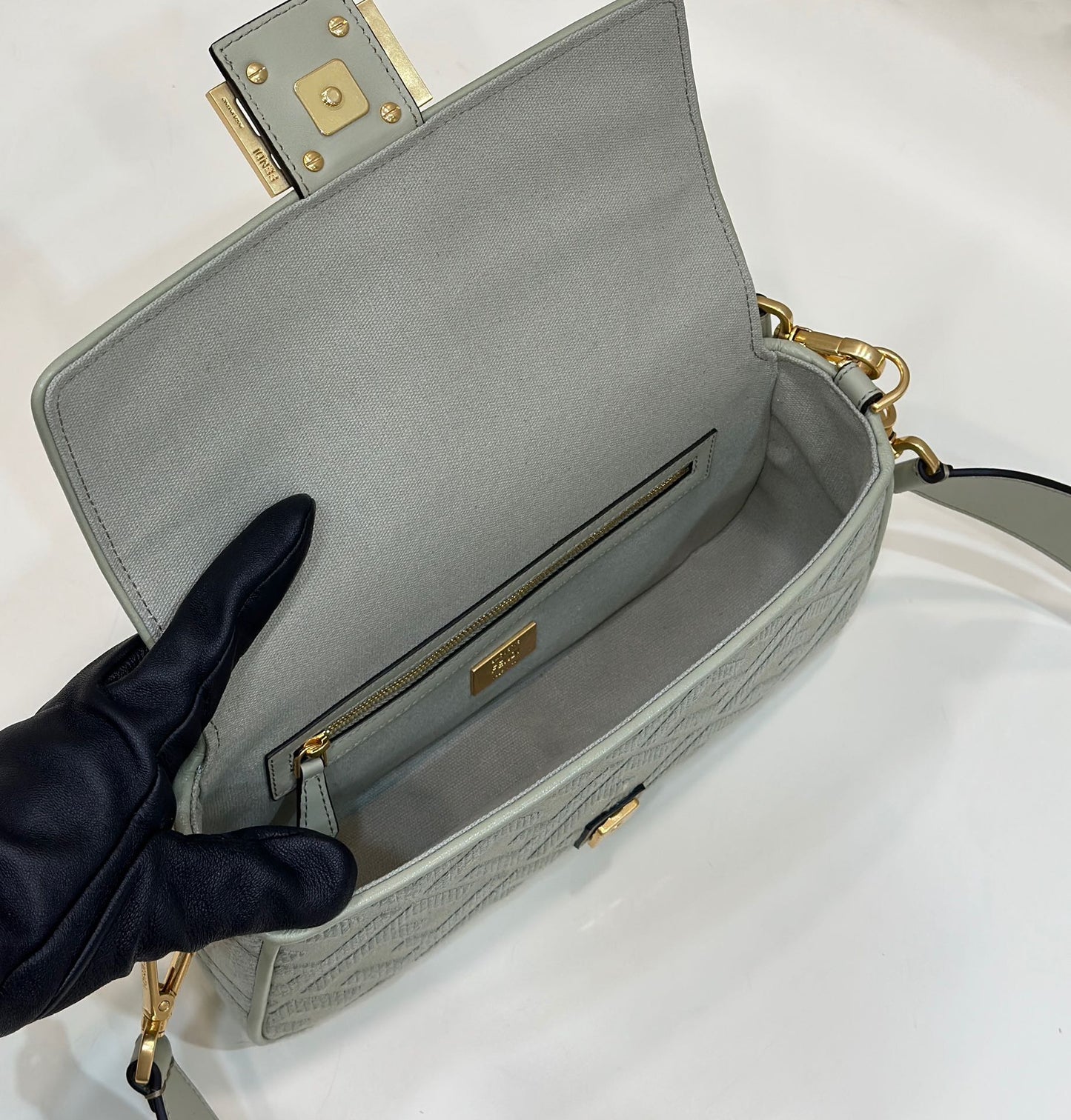 Fendi Baguette FF Embossed Fabric Shoulder Bag - Sage Green