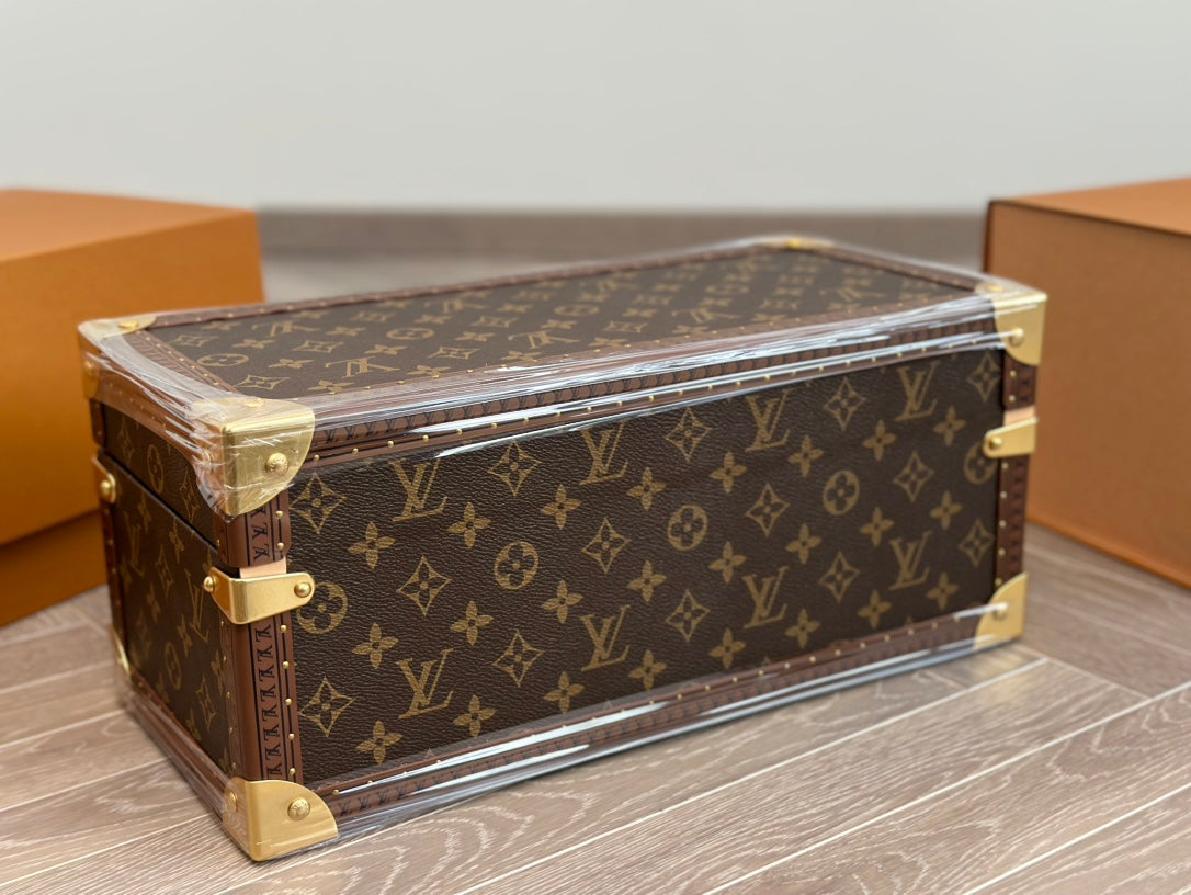 Vintage Monogram Jewelry and Watch Trunk Box with Pink Velvet Lining