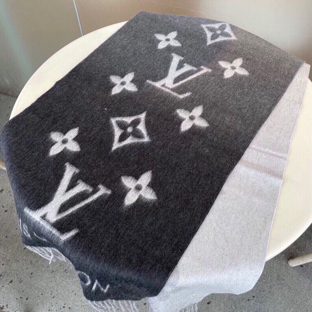 Louis Vuitton Reykjavik Gradient Scarf - Grey and Black Monogram Cashmere with Fringe