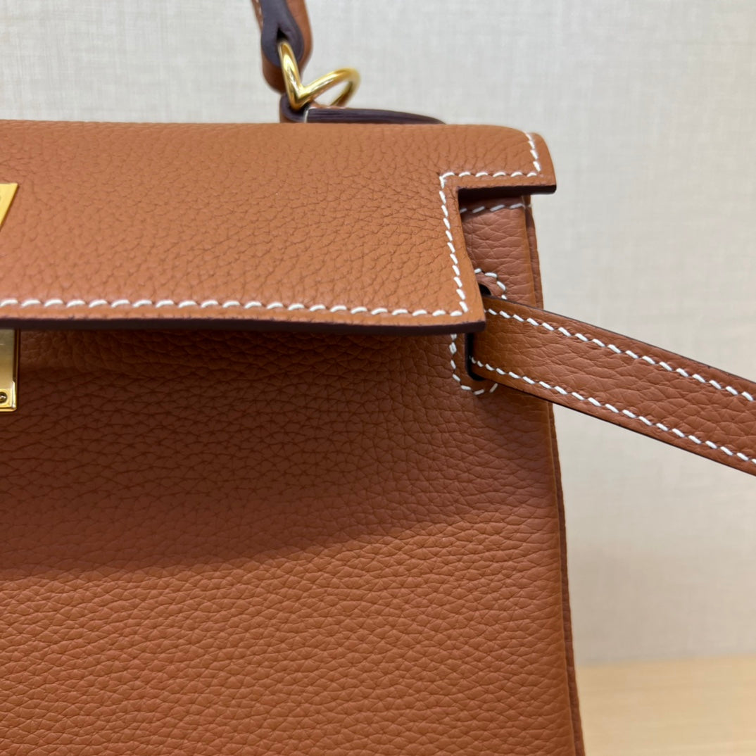 Classic Tan Leather Top Handle Handbag - Structured Luxury Satchel with Gold Hardware
