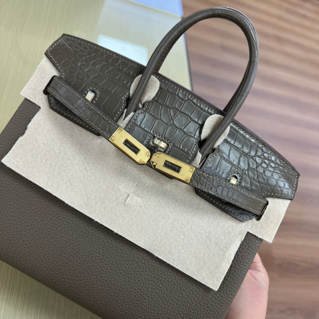 Luxury Two-Tone Crocodile Texture Leather Handbag - Brown & Beige Top Handle Bag