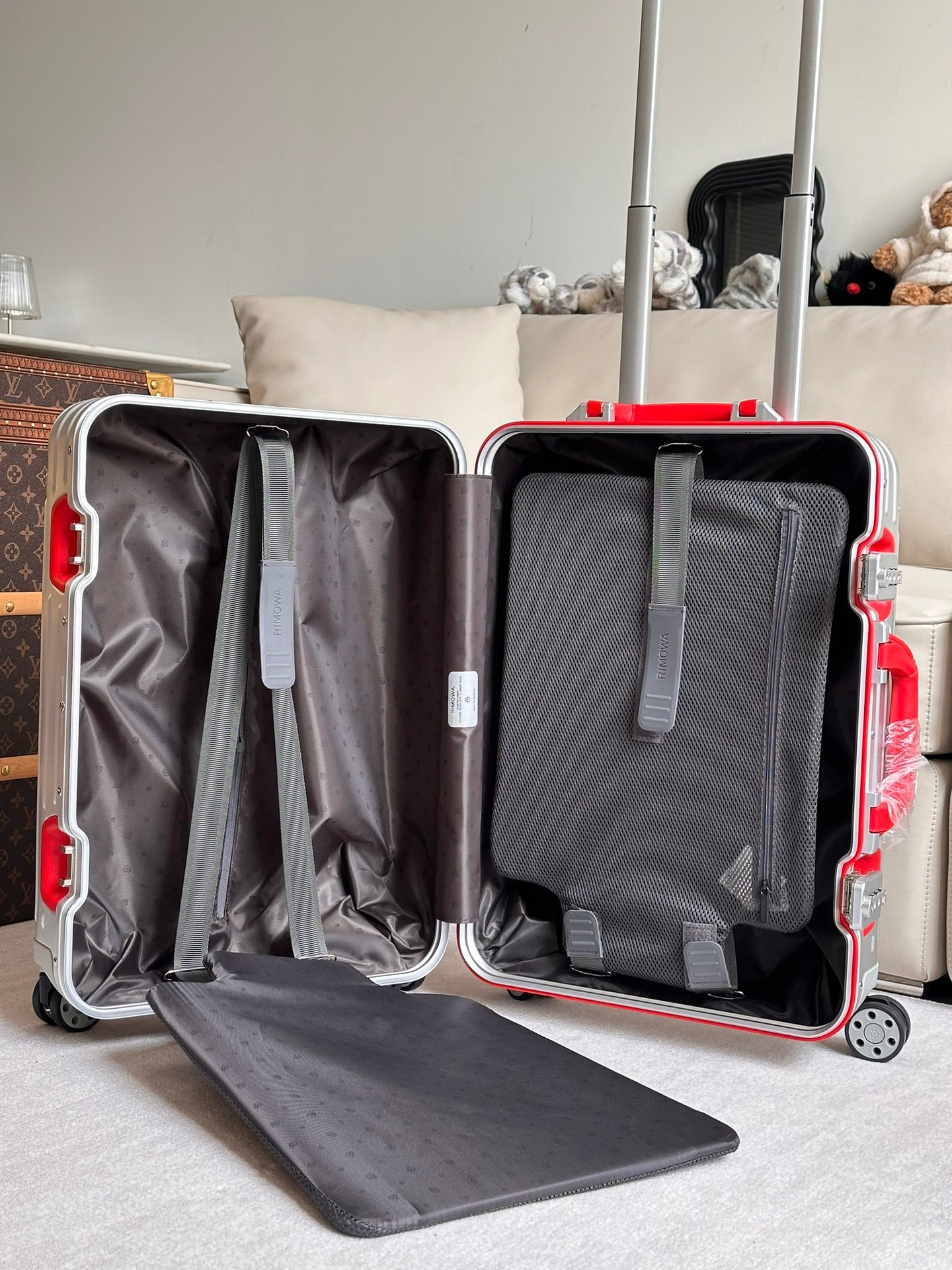 Silver Ribbed Hardside Spinner Suitcase with Red Accent Handle