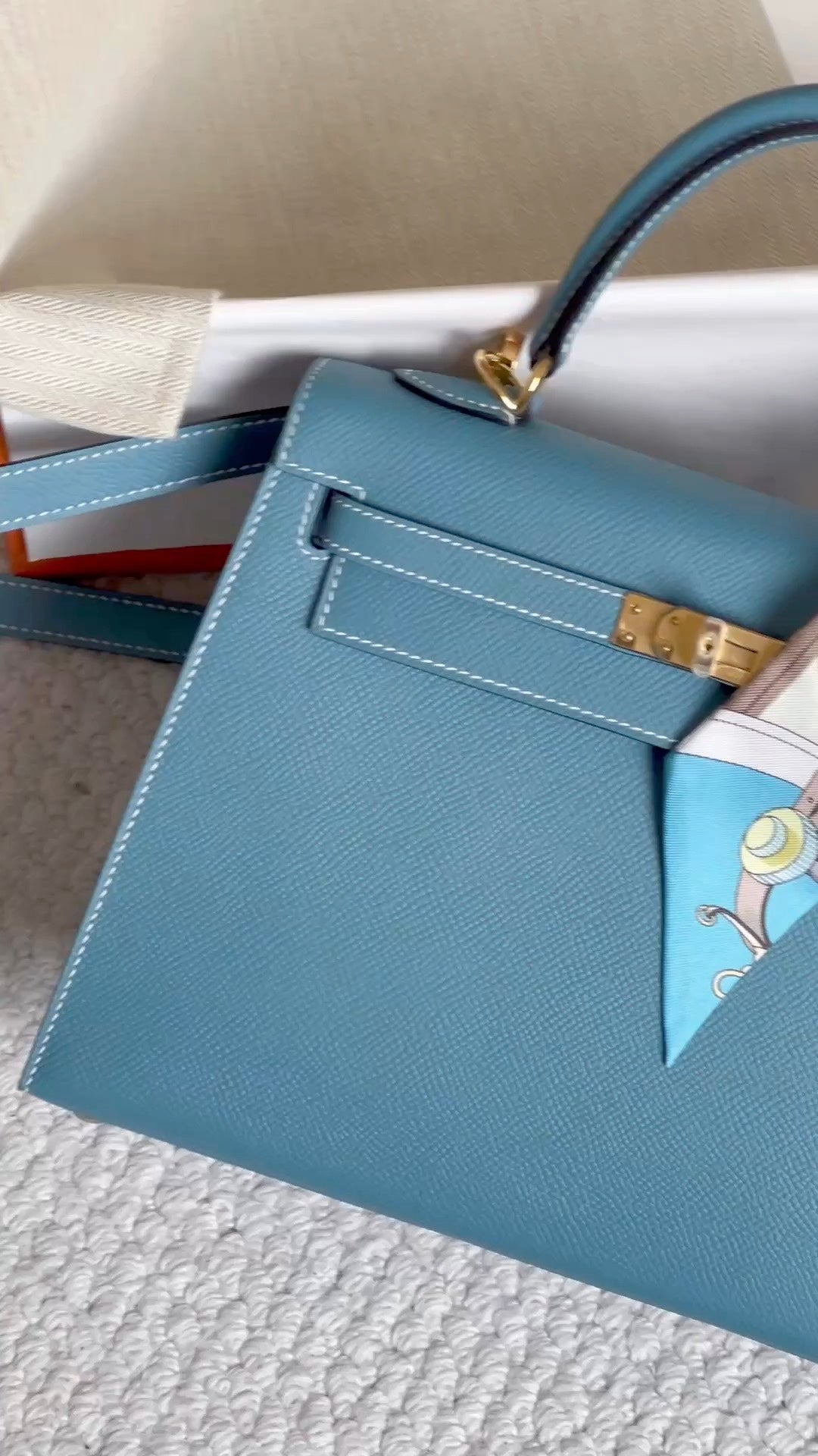 Elegant Blue Leather Top Handle Crossbody Bag with Gold Hardware & Scarf