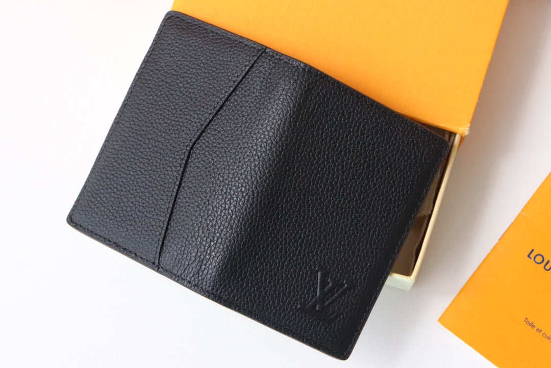 Louis Vuitton Minimalist Black Pebbled Leather Slim Card Holder Wallet