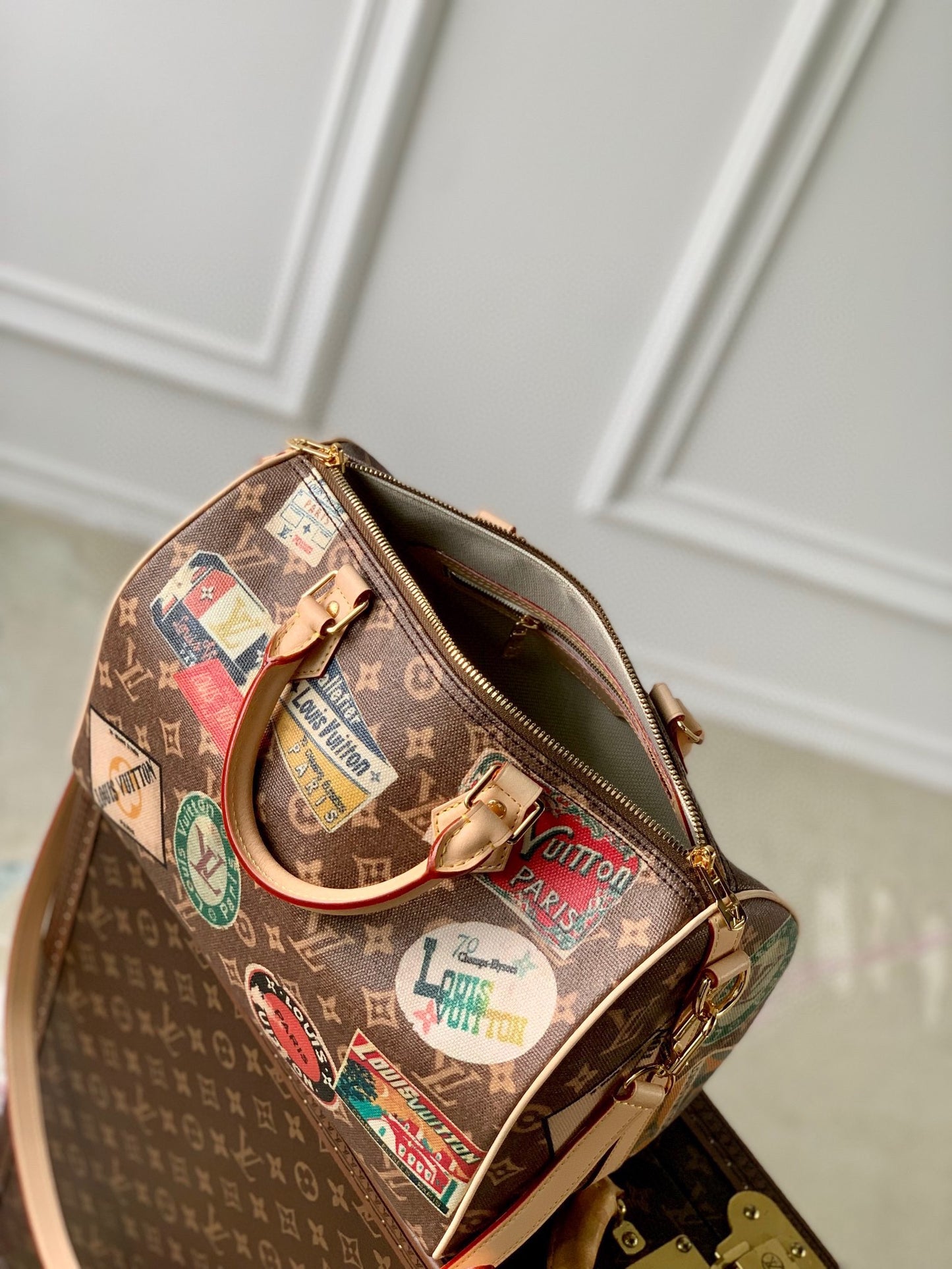 Louis Vuitton Vintage Brown Monogram Satchel Bag with Travel Sticker Print