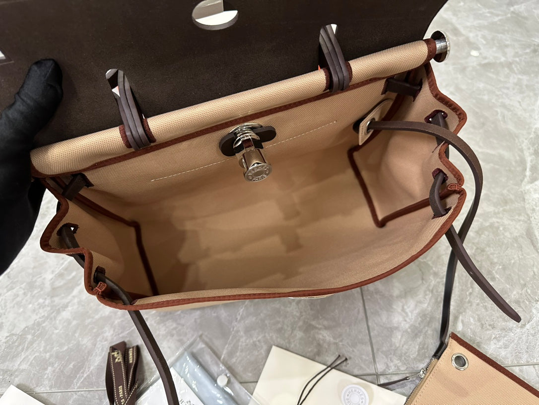 Hermès Herbag Zip Canvas & Leather Handbag - Tan and Black