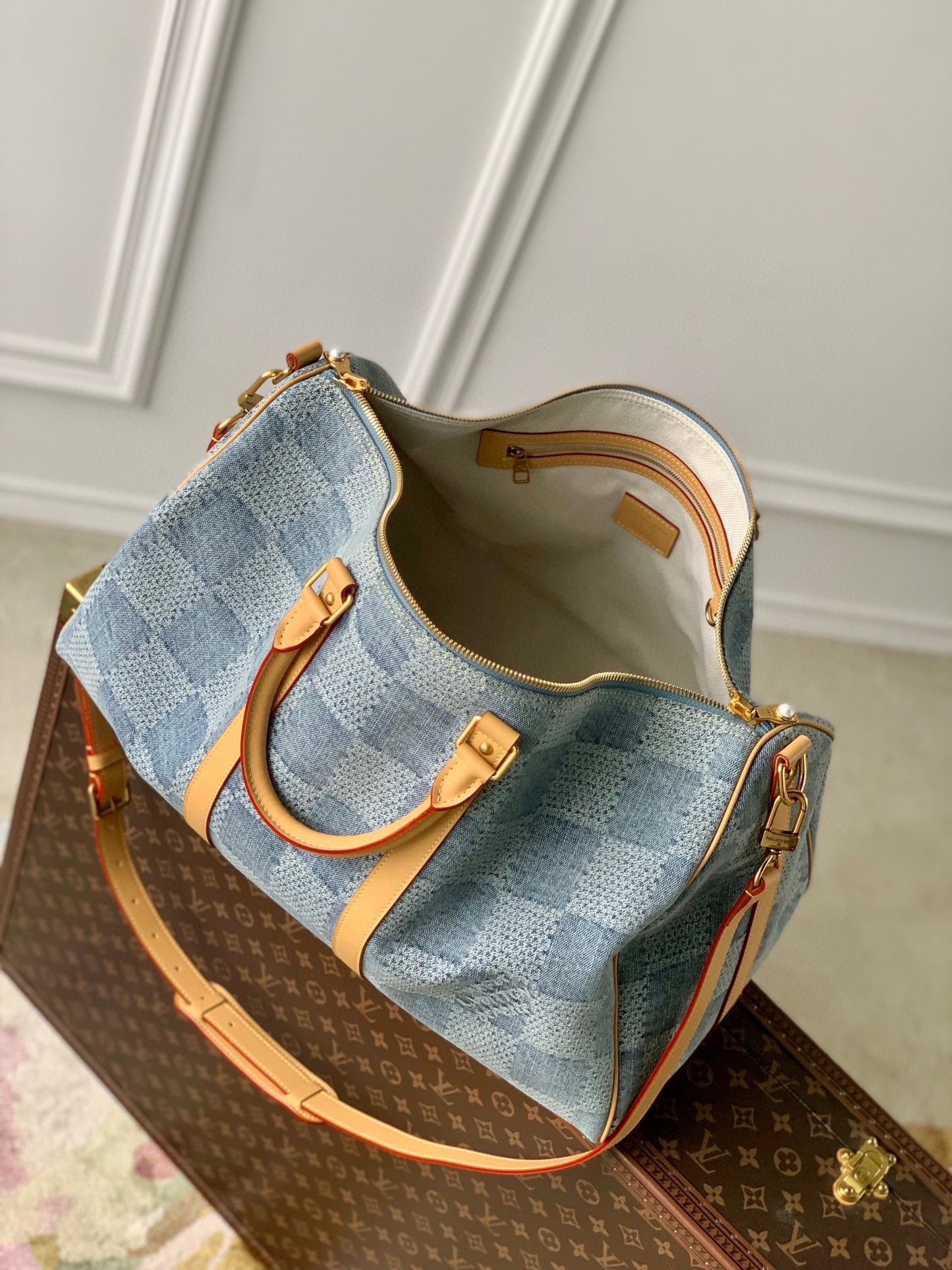 Louis Vuitton Blue Checkered Denim Travel Duffle Bag with Leather Trim
