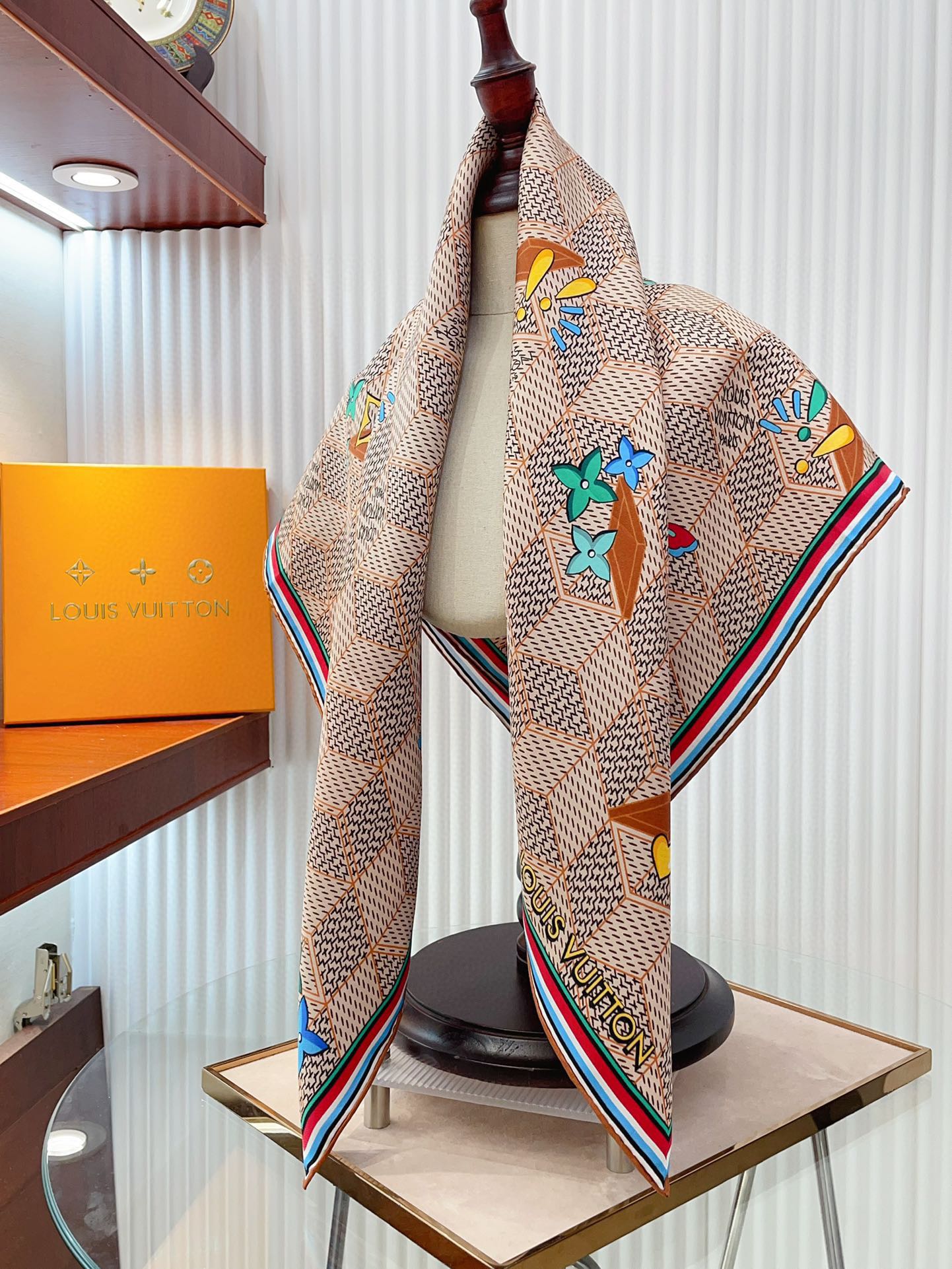 Luxury Women's Silk Square Scarf - Geometric Monogram Print with Colorful Heart Embroidery and Striped Border - Beige & Brown