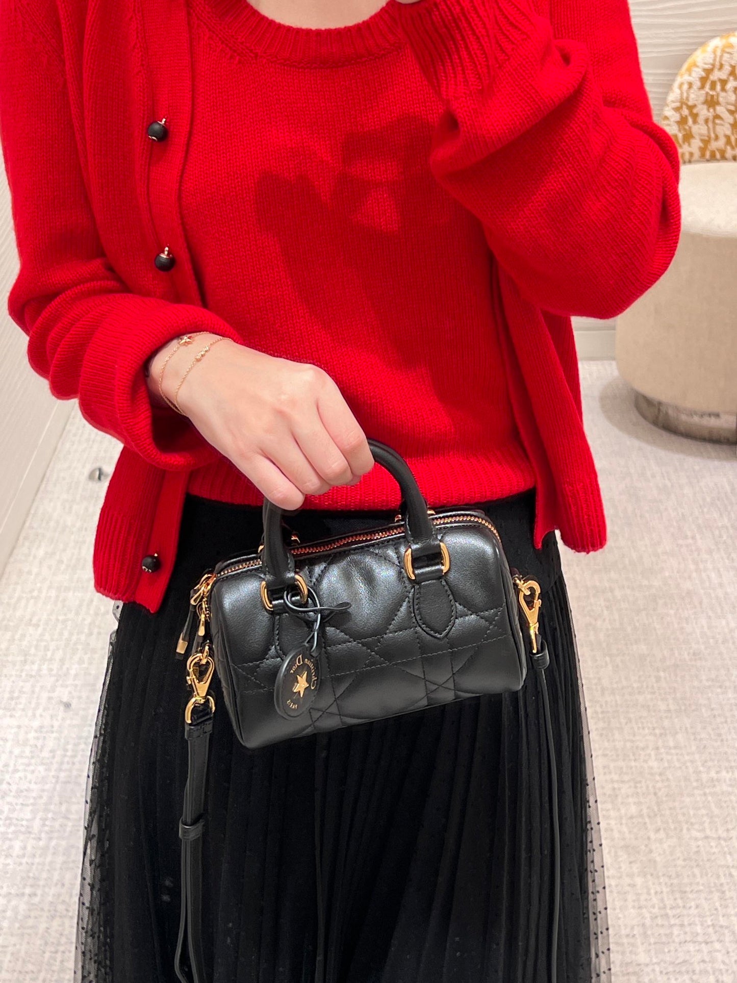 Dior Mini Black Quilted Leather Top Handle Bag with Gold Star Charm