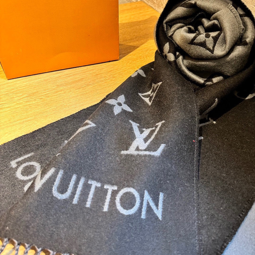 Louis Vuitton Monogram Logomania Scarf - Black and Grey Wool Blend Winter Wrap with Fringe Edges