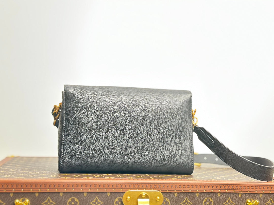 Louis Vuitton Classic Black Leather Shoulder Flap Bag with Gold Twist Lock Clasp