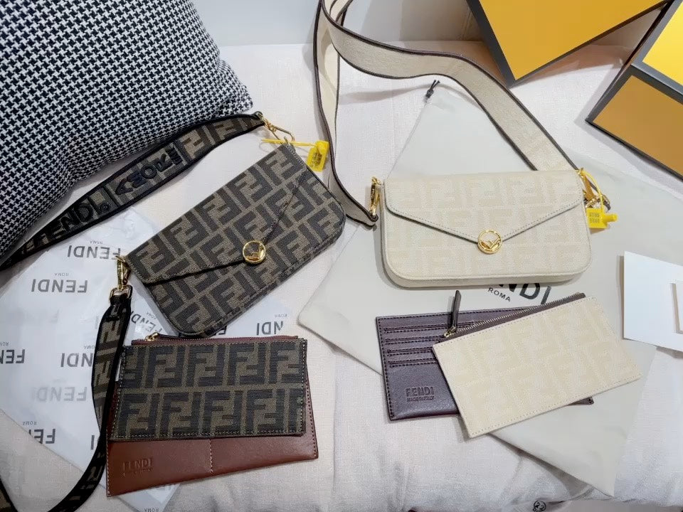 Fendi Monogram Bags & Accessories Set - Zucca Print Leather Crossbody & Pouches