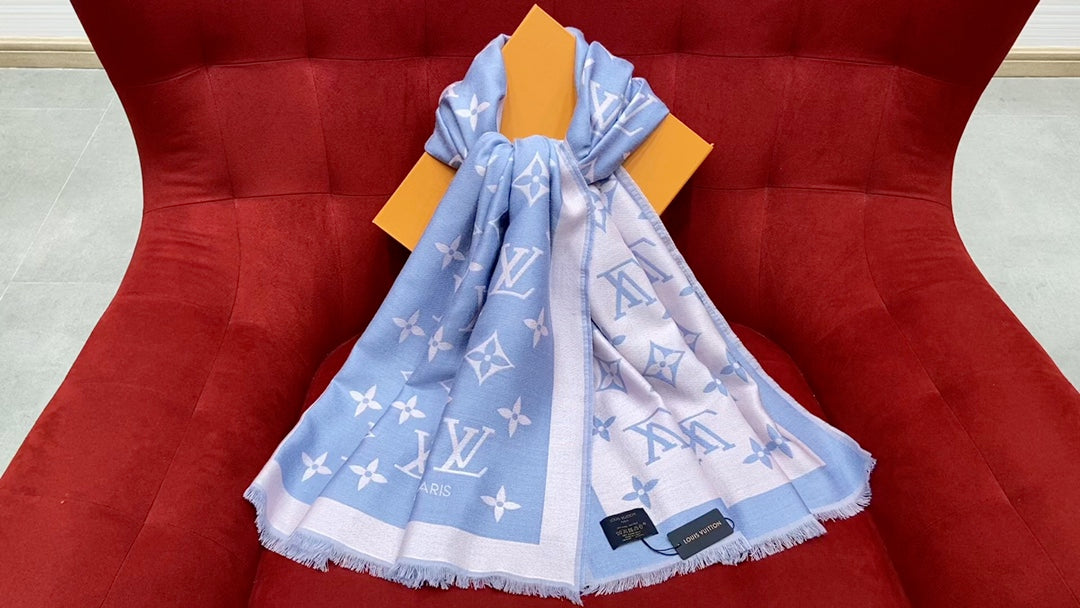 Louis Vuitton Monogram Denim Shawl Scarf in Light Blue and White - Luxury Silk & Wool Blend Wrap